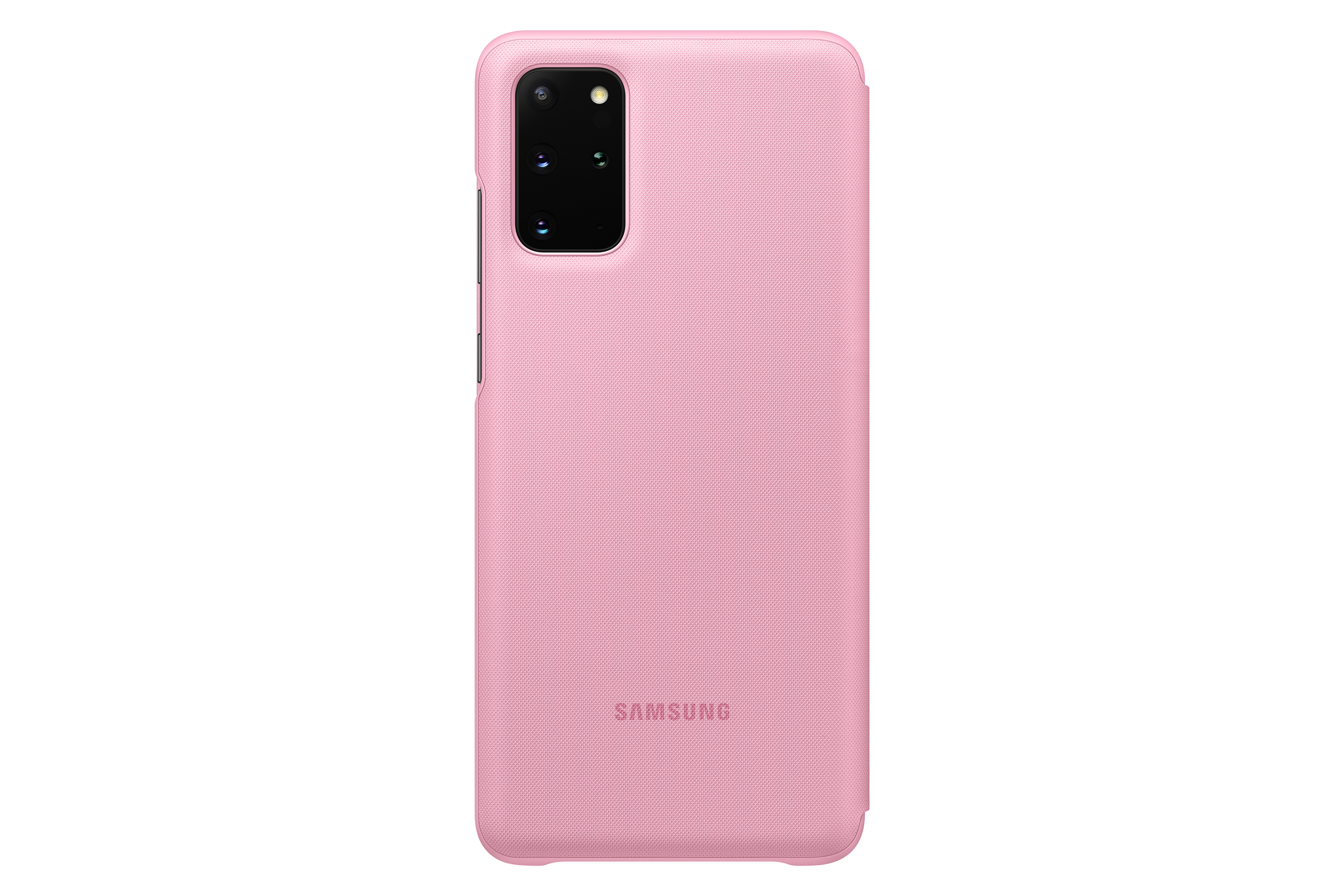 Eine rosa Samsung-Handyhülle mit Samsung-Logo. Die Hülle hat eine strukturierte Oberfläche und ein rechteckiges Kameramodul.