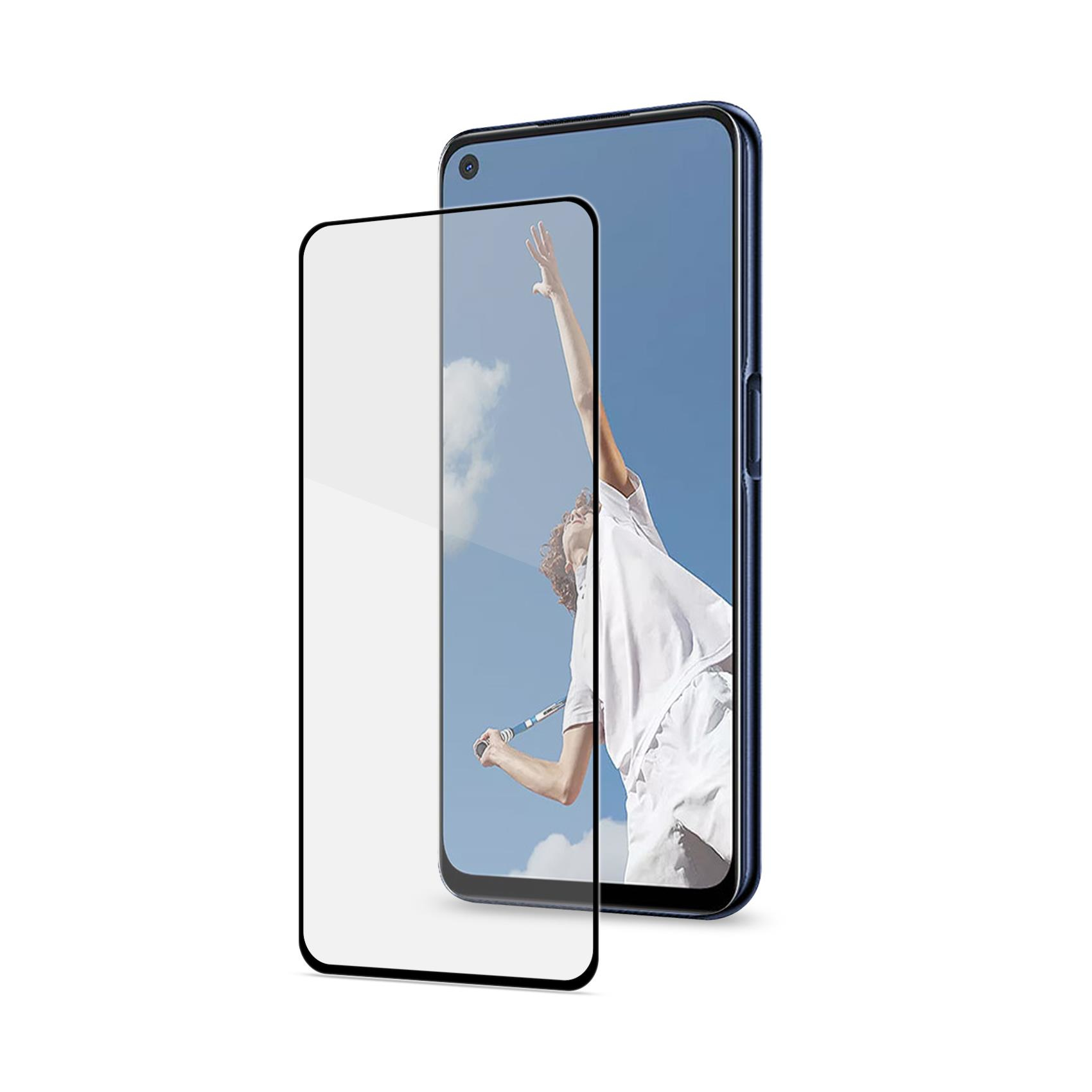 Un telefono con protezione schermo, raffigurante un tennista contro un cielo blu con nuvole.