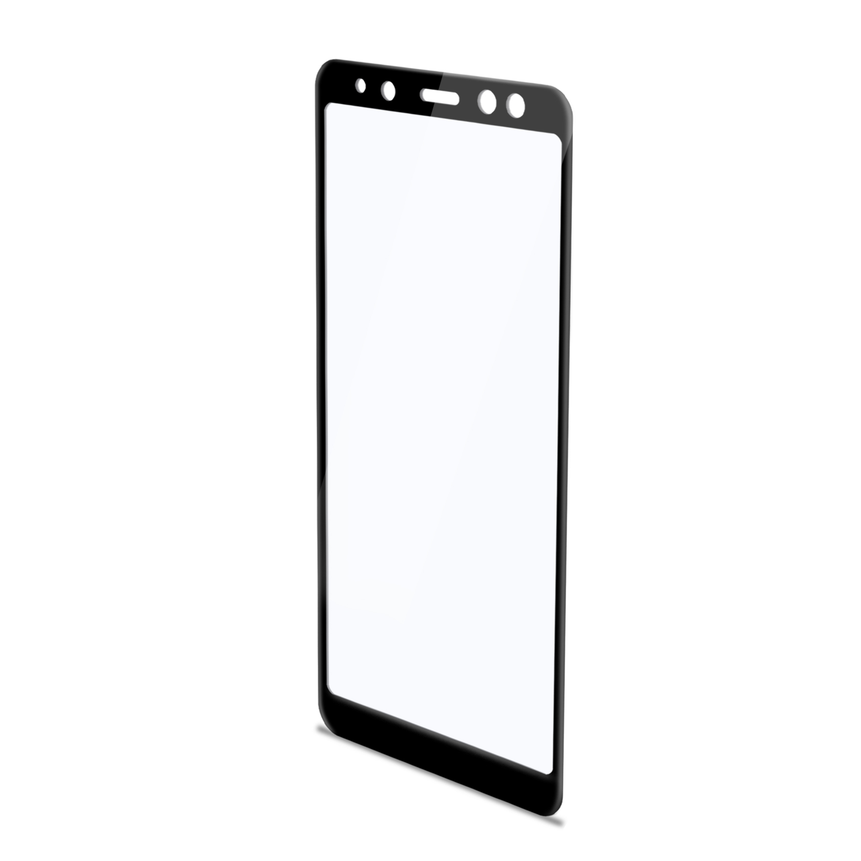 Un proteggi schermo nero per smartphone, con schermo bianco e bordo nero. Tre fori in alto.