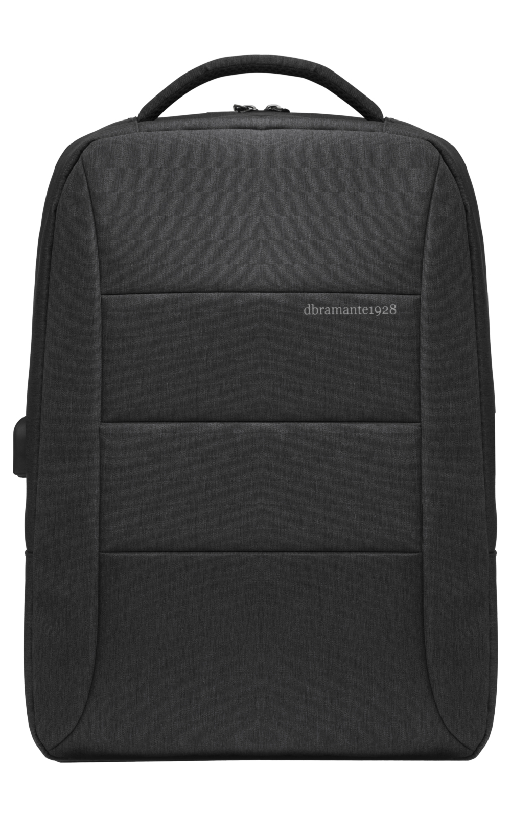Uno zaino grigio scuro con maniglia e tre sezioni orizzontali imbottite. Visibile il marchio "dramante1928".