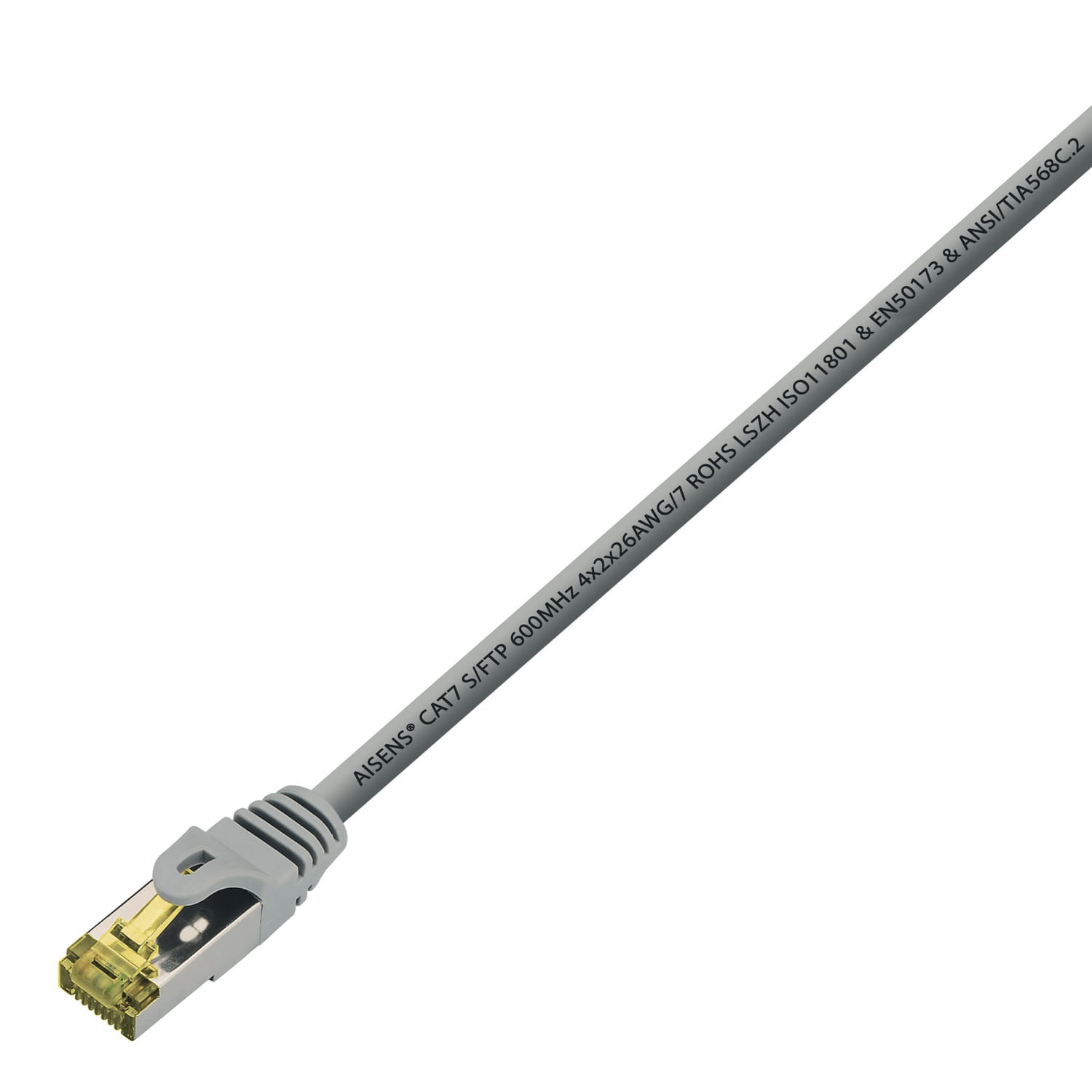 Een grijze Ethernet-kabel schuin over een witte achtergrond. De connector is zichtbaar, met tekst.