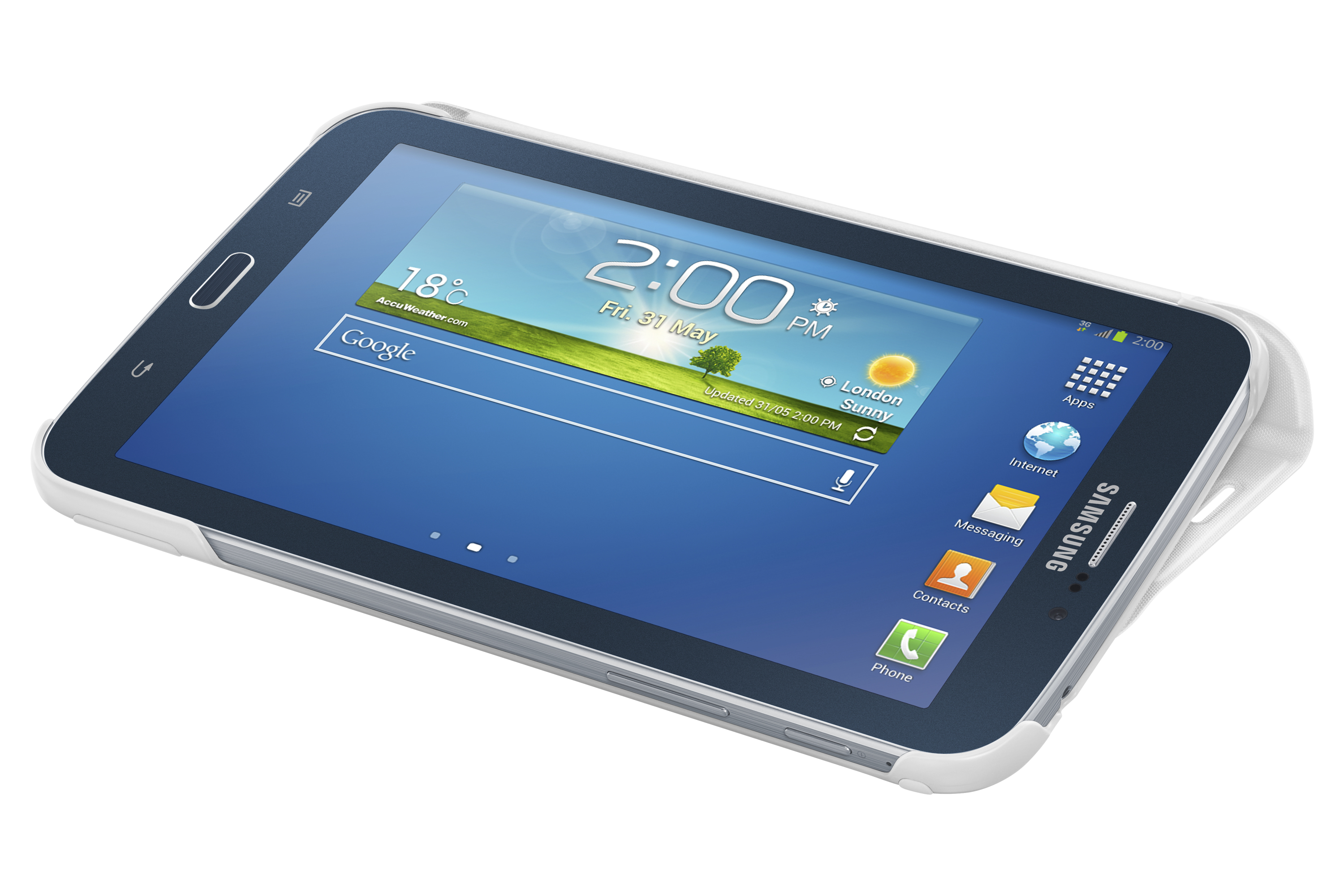 Un tablet Samsung mostra l'ora, le condizioni meteo e le icone delle app. È in una custodia bianca.