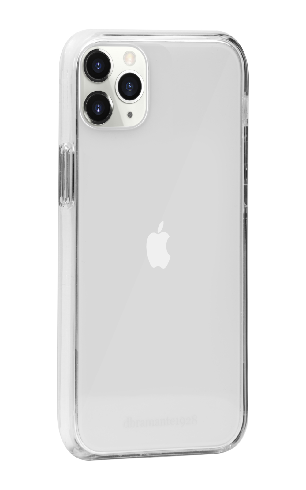 Una custodia trasparente con un telefono dentro. Il telefono ha un logo Apple e una fotocamera a tre lenti.