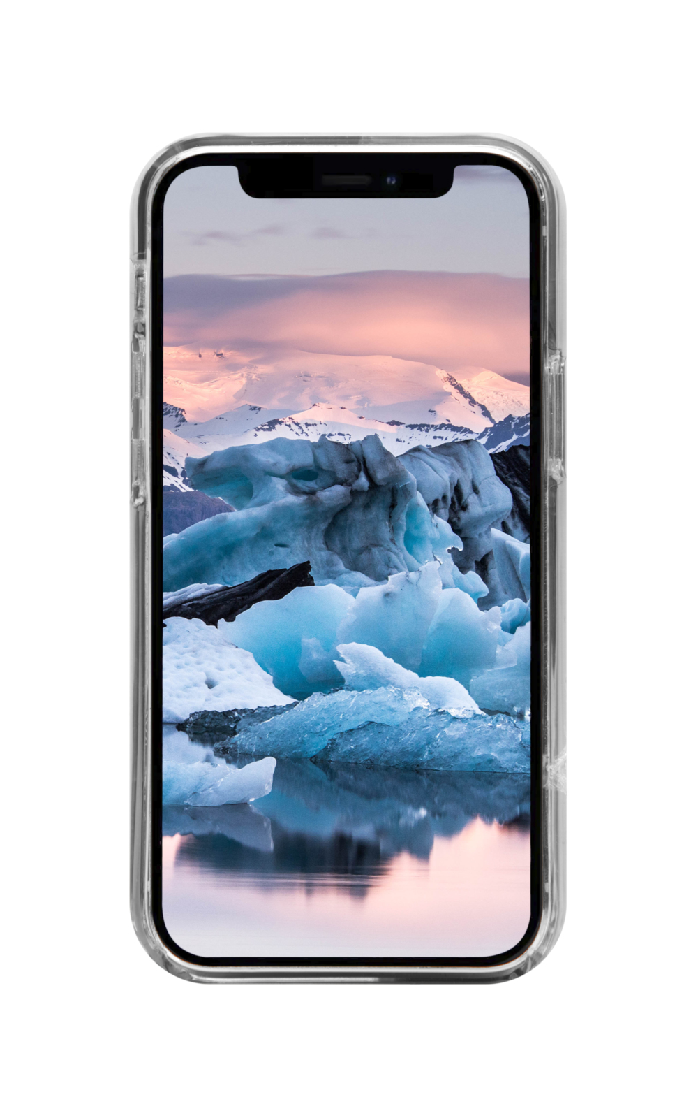 Un telefono mostra un paesaggio: iceberg blu in un lago, montagne sullo sfondo e cielo rosa.