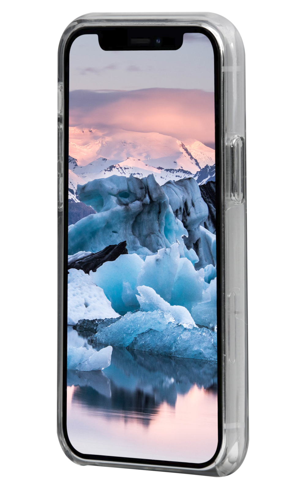 Telefono che mostra un paesaggio glaciale: iceberg blu, montagne innevate e cielo rosato riflesso nell'acqua.
