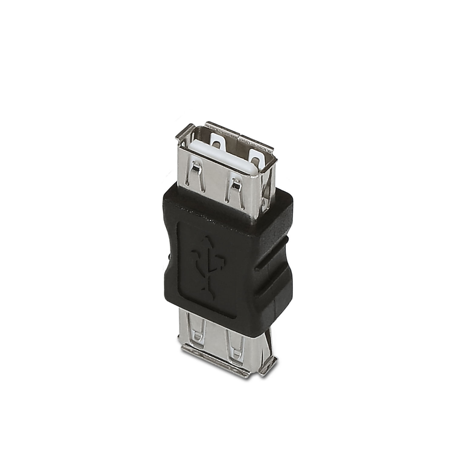 Un adattatore USB con una sezione centrale nera e connettori argentati. Il simbolo USB è sulla parte nera.
