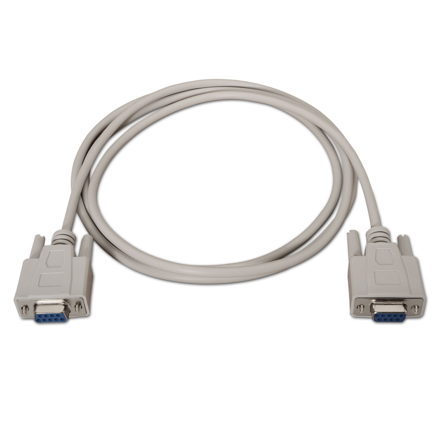 Un cable serial gris con dos conectores está sobre un fondo blanco. Cada conector tiene pines azules. El cable está en bucle.