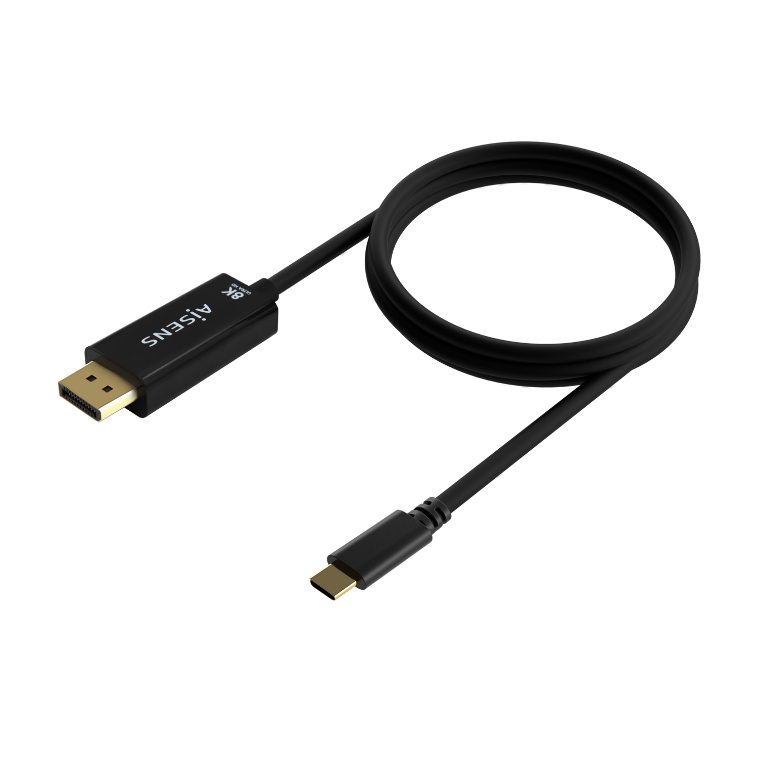 Un cable negro AISENS 8K con un conector DisplayPort y un conector USB-C sobre un fondo blanco. El cable está enrollado.