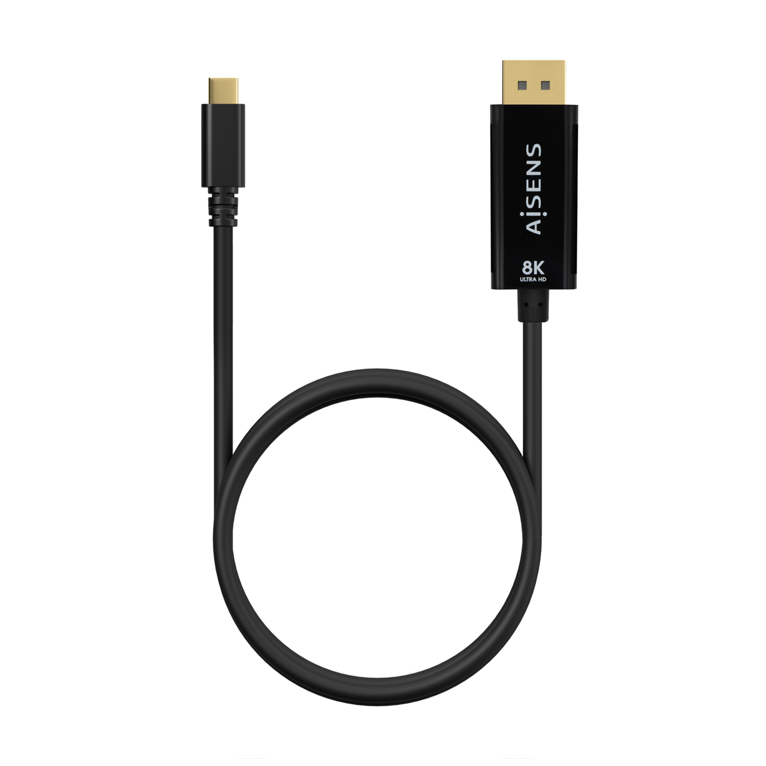 Un cable negro 8K Ultra HD con conectores USB-C y DisplayPort, curvado en un bucle. La marca AISENS es visible en el extremo DisplayPort.