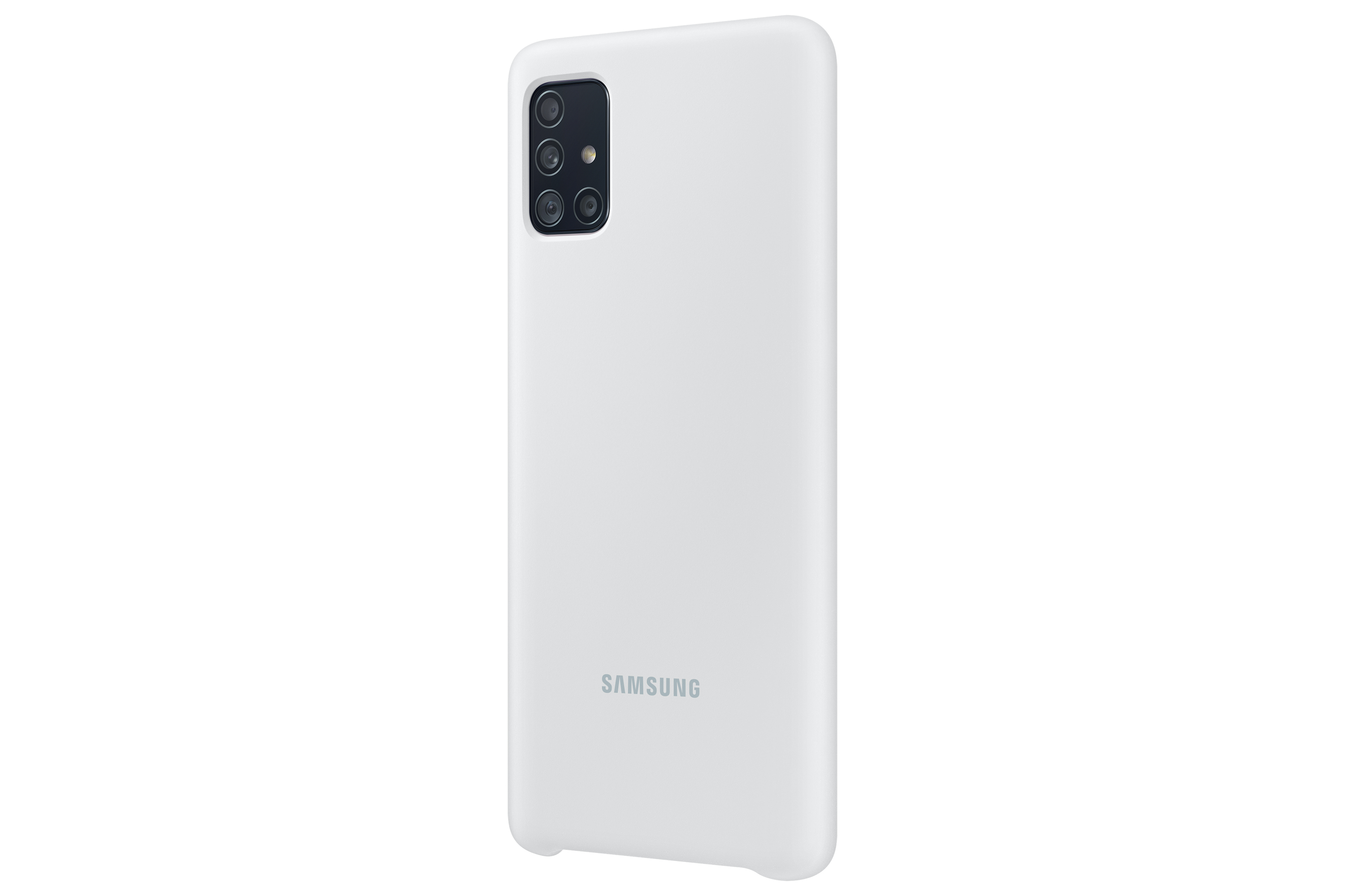 Eine weiße Telefonhülle mit mehreren Kameralinsen und dem Samsung-Logo. Es ist auf weißem Hintergrund.