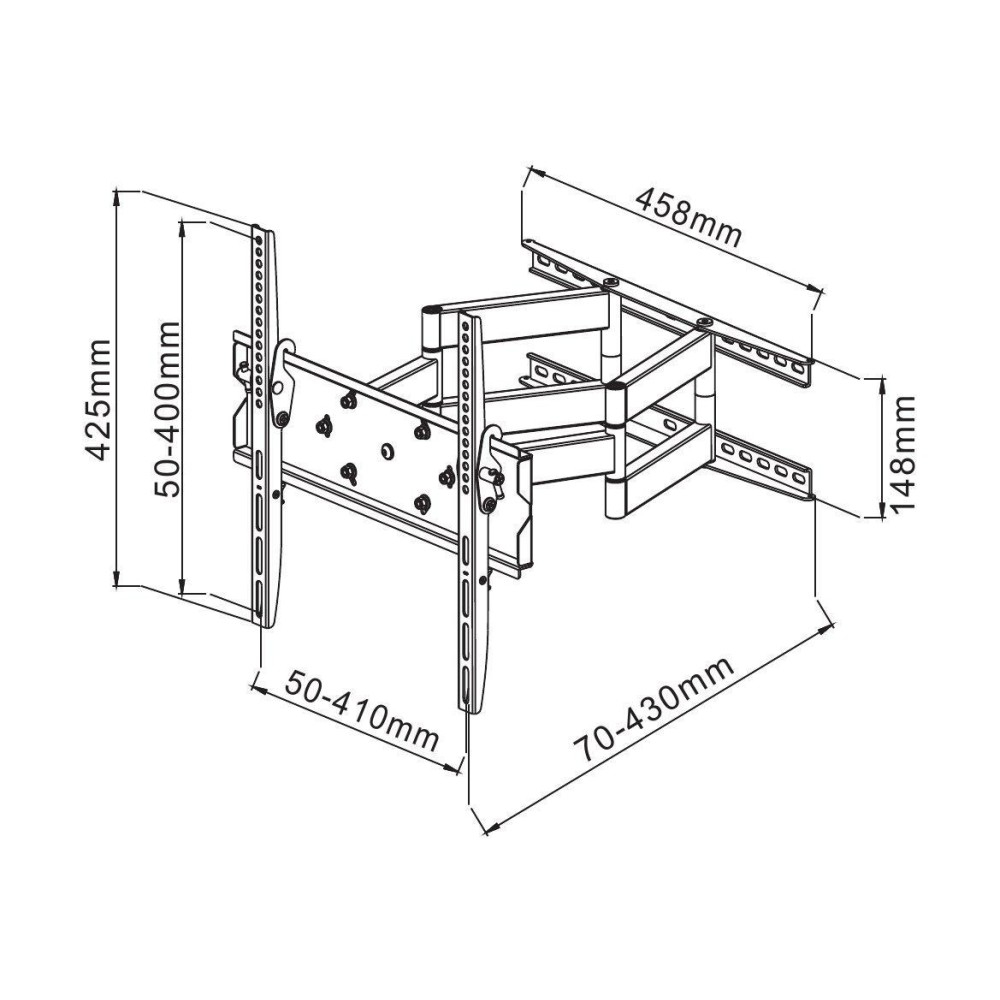 Eine weiße TV-Wandhalterung mit Abmessungen. Enthält Messungen: 425 mm, 458 mm, 148 mm und Bereiche wie 50-400 mm und 70-430 mm.