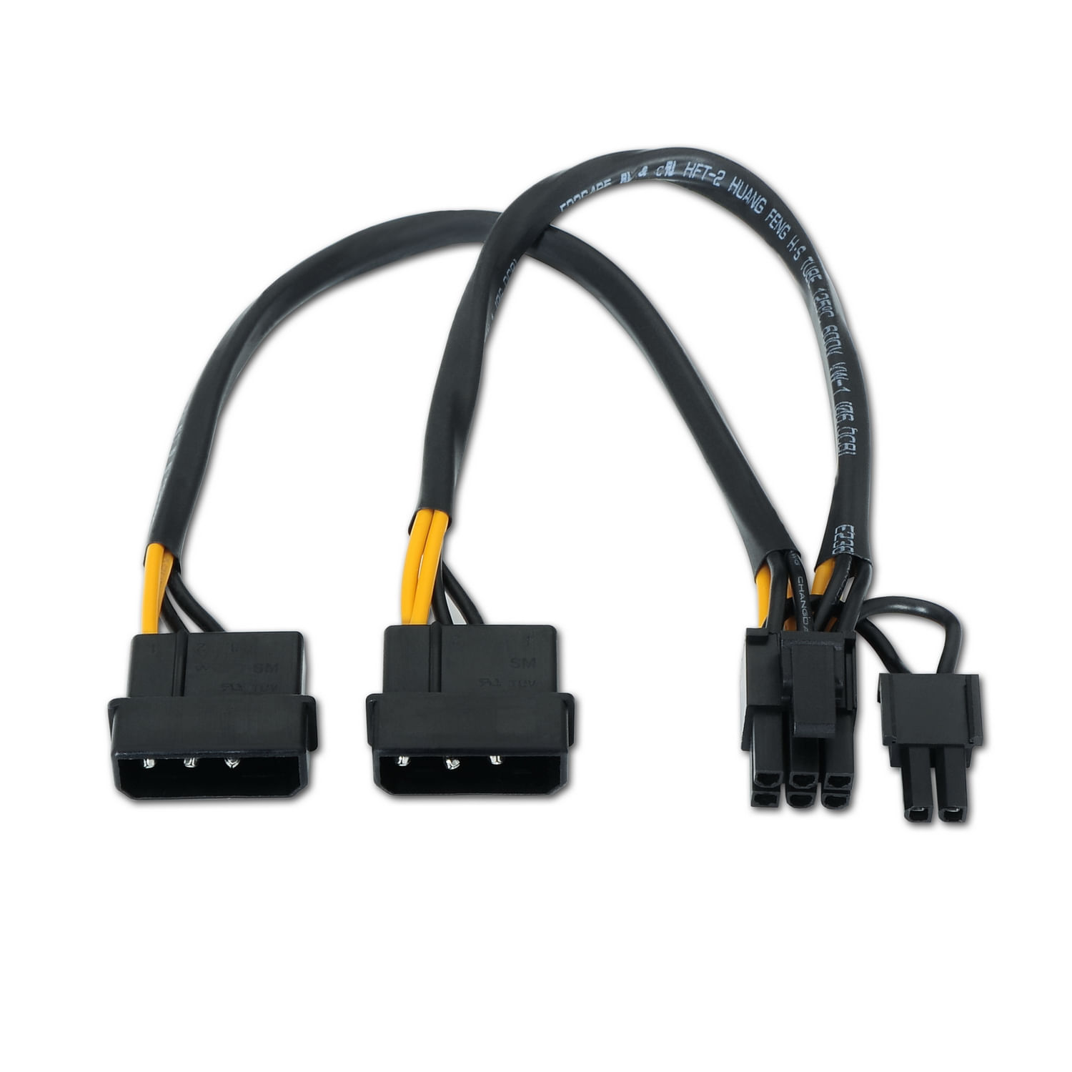 Tres cables de alimentación negros con detalles amarillos y conectores sobre fondo blanco. Cada cable tiene un tipo de conector diferente.