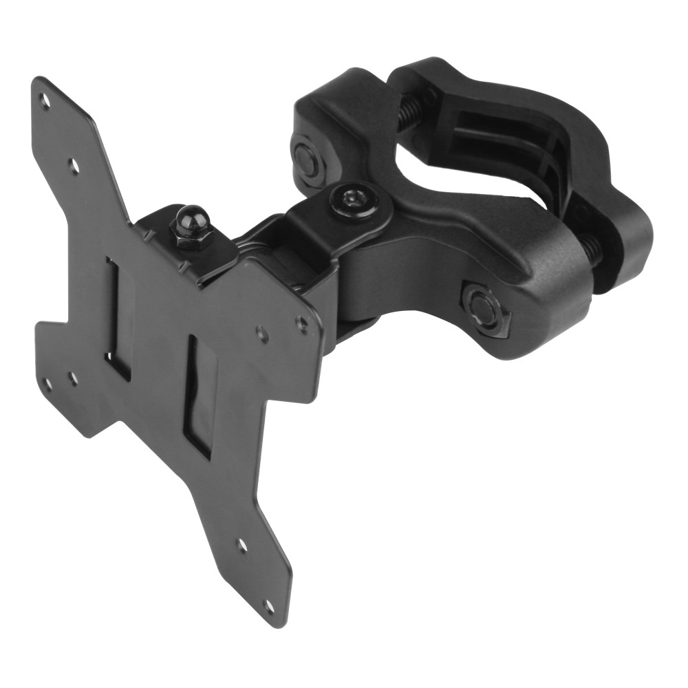 Eine schwarze Monitorhalterung mit Klemme. Sie hat eine quadratische Platte mit Löchern, einen verstellbaren Arm und eine C-förmige Klemme.