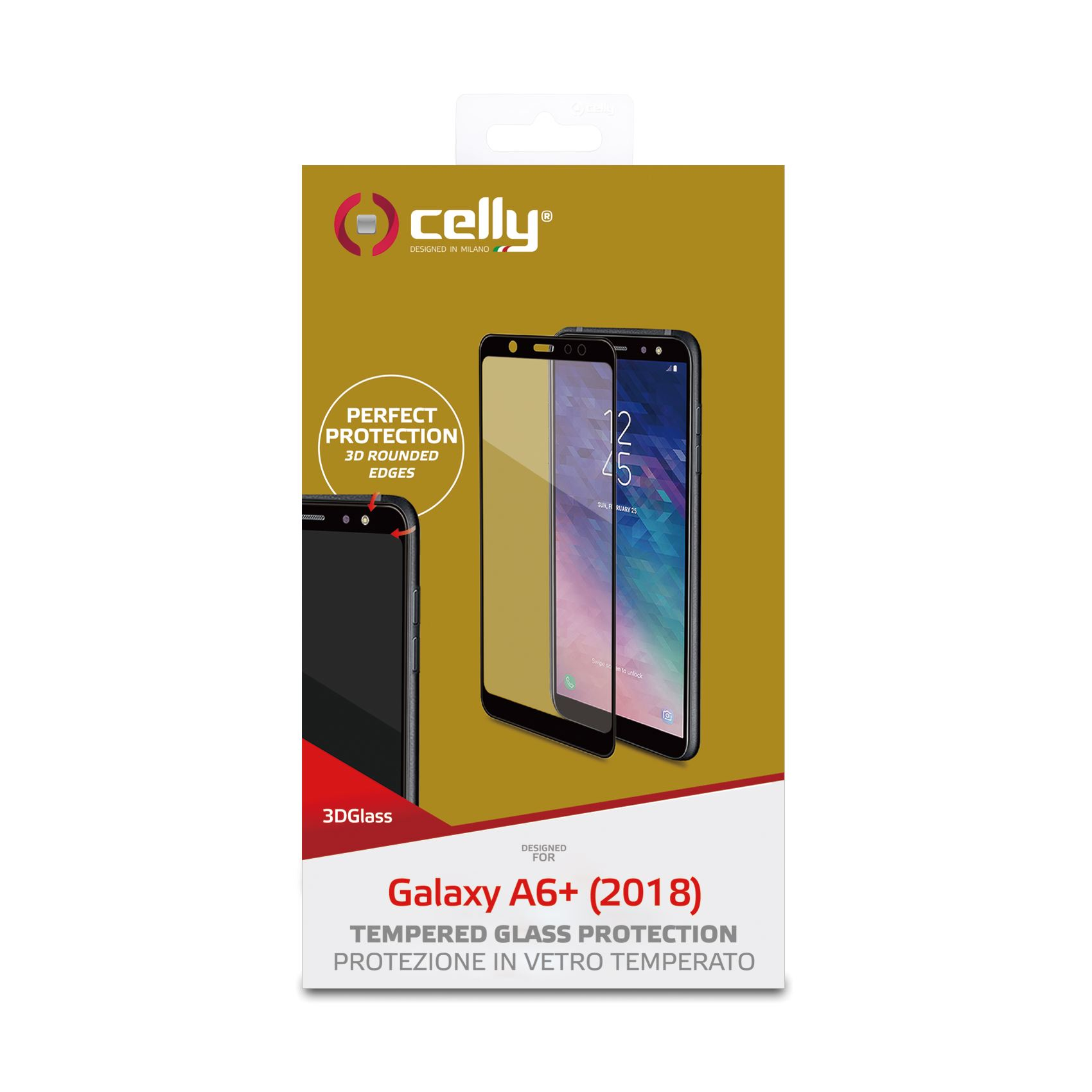 Una scatola di protezione dello schermo del telefono. Dice Galaxy A6+ (2018) protezione in vetro temperato. Il telefono è a destra.