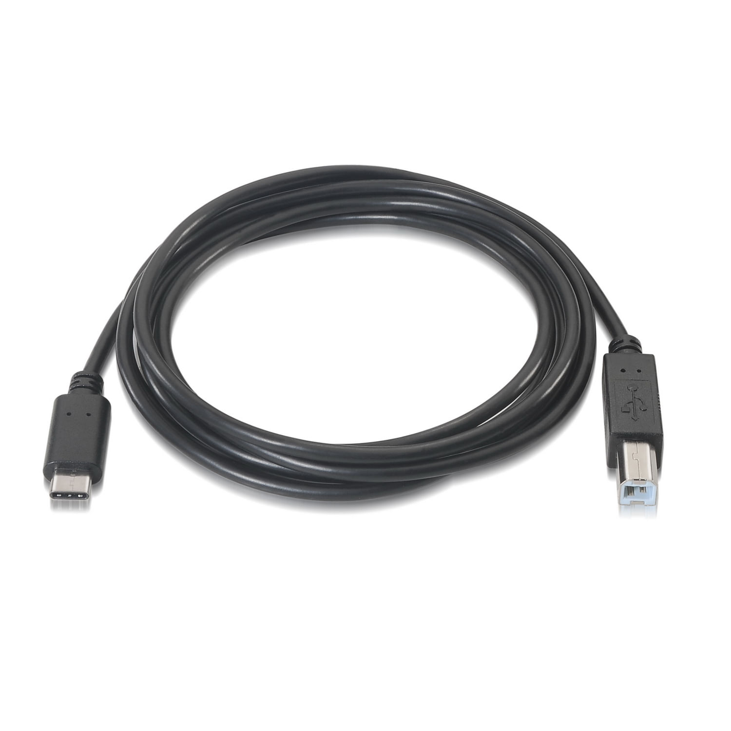 Un cable USB negro sobre fondo blanco. El cable forma un bucle. Un extremo es USB-C, el otro es un conector USB-A.