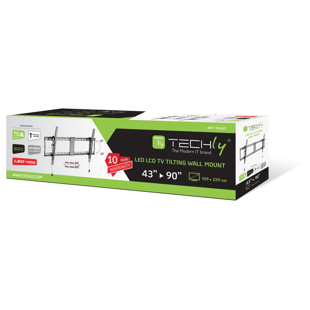 Eine Techly LED-LCD-TV-Kipp-Wandhalterungsbox. Sie hat ein Produktbild, Garantieinformationen und Abmessungen auf weißem Hintergrund.