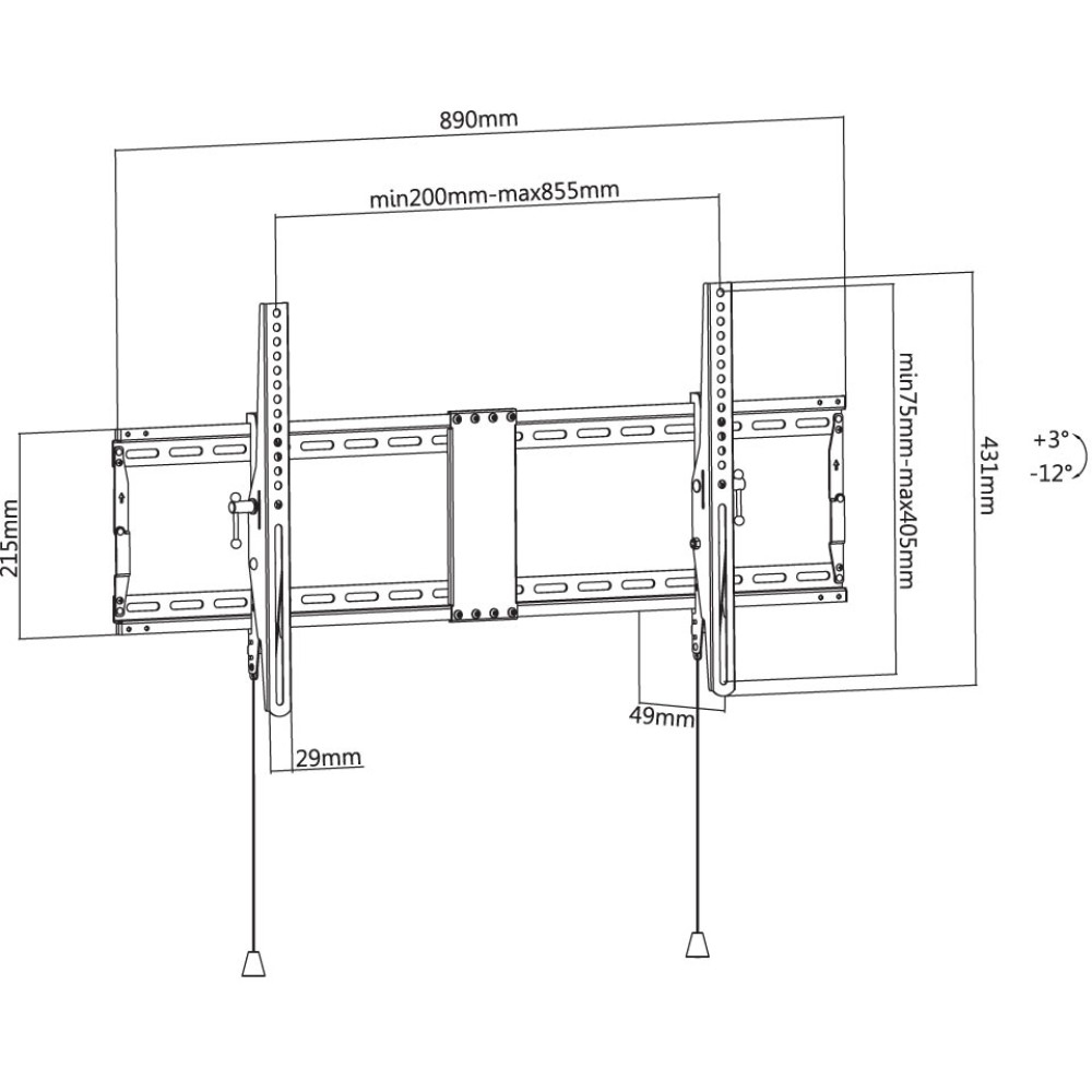 Diagramm einer Wandhalterung mit Maßen. Enthält Messungen wie 890 mm, 431 mm und Winkel von +3° und -12°.