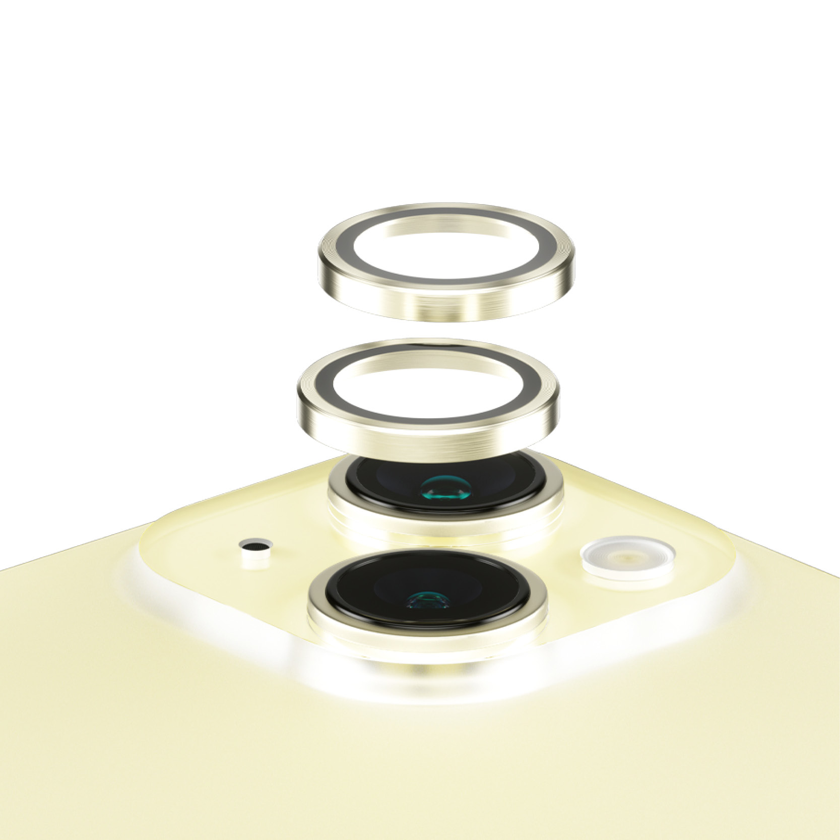 Een close-up van een telefooncamera-assemblage. Drie lenzen met zilveren ringen zijn zichtbaar, met een extra ring erboven. De telefoon is lichtgeel.