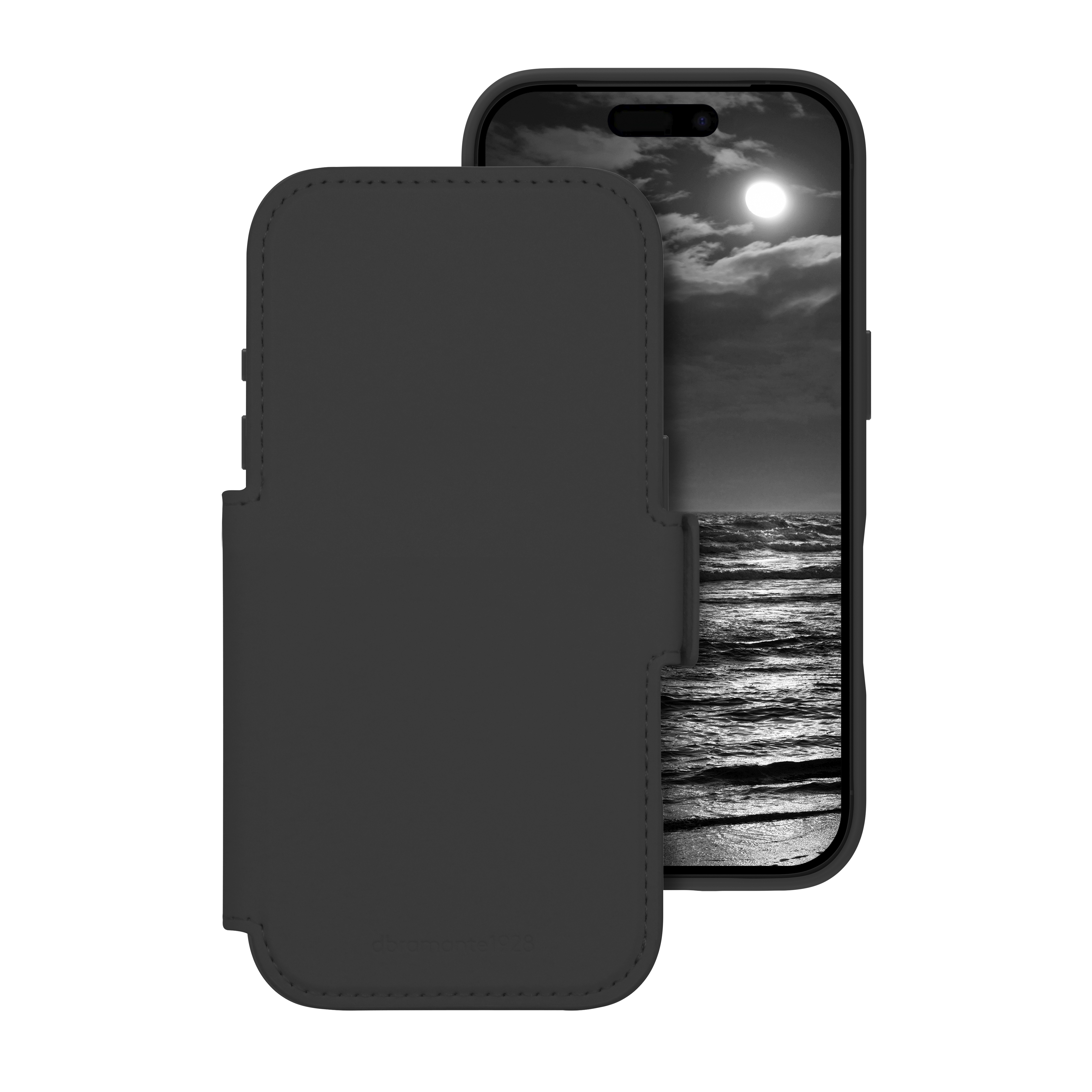 Custodia per telefono nera con un telefono che mostra una scena oceanica in bianco e nero con la luna.
