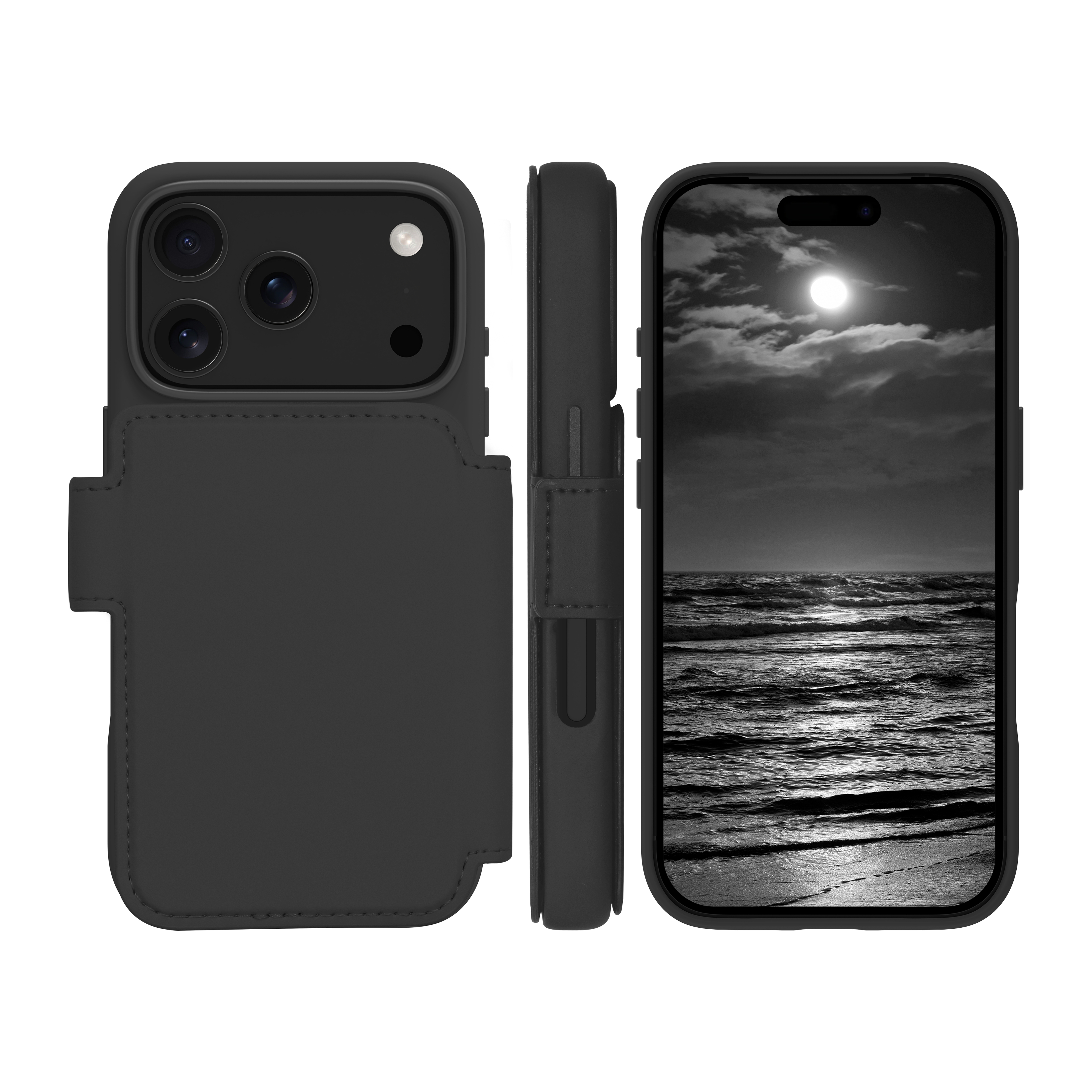 Custodia nera per telefono con telefono che mostra una scena di spiaggia in bianco e nero. Vista laterale e vista della fotocamera visibili.