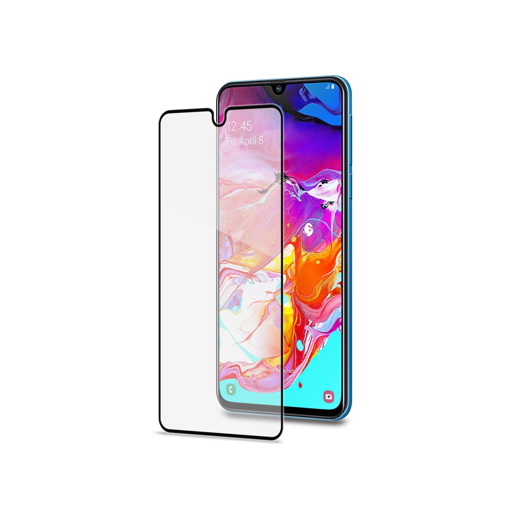 Uno smartphone con protezione schermo. Il telefono mostra l'ora. Lo sfondo è bianco.