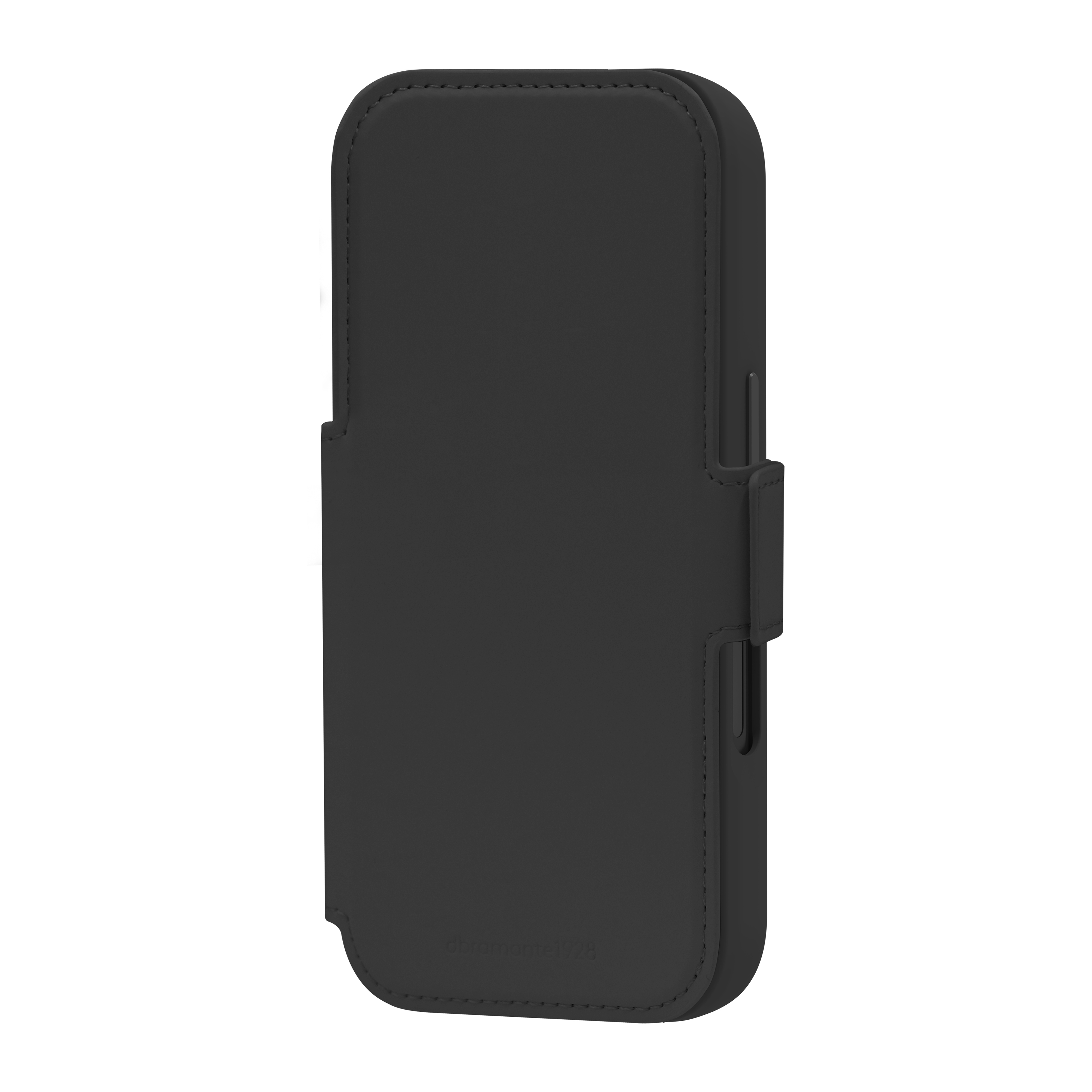 Custodia nera per telefono su sfondo bianco. Con patta e chiusura magnetica.