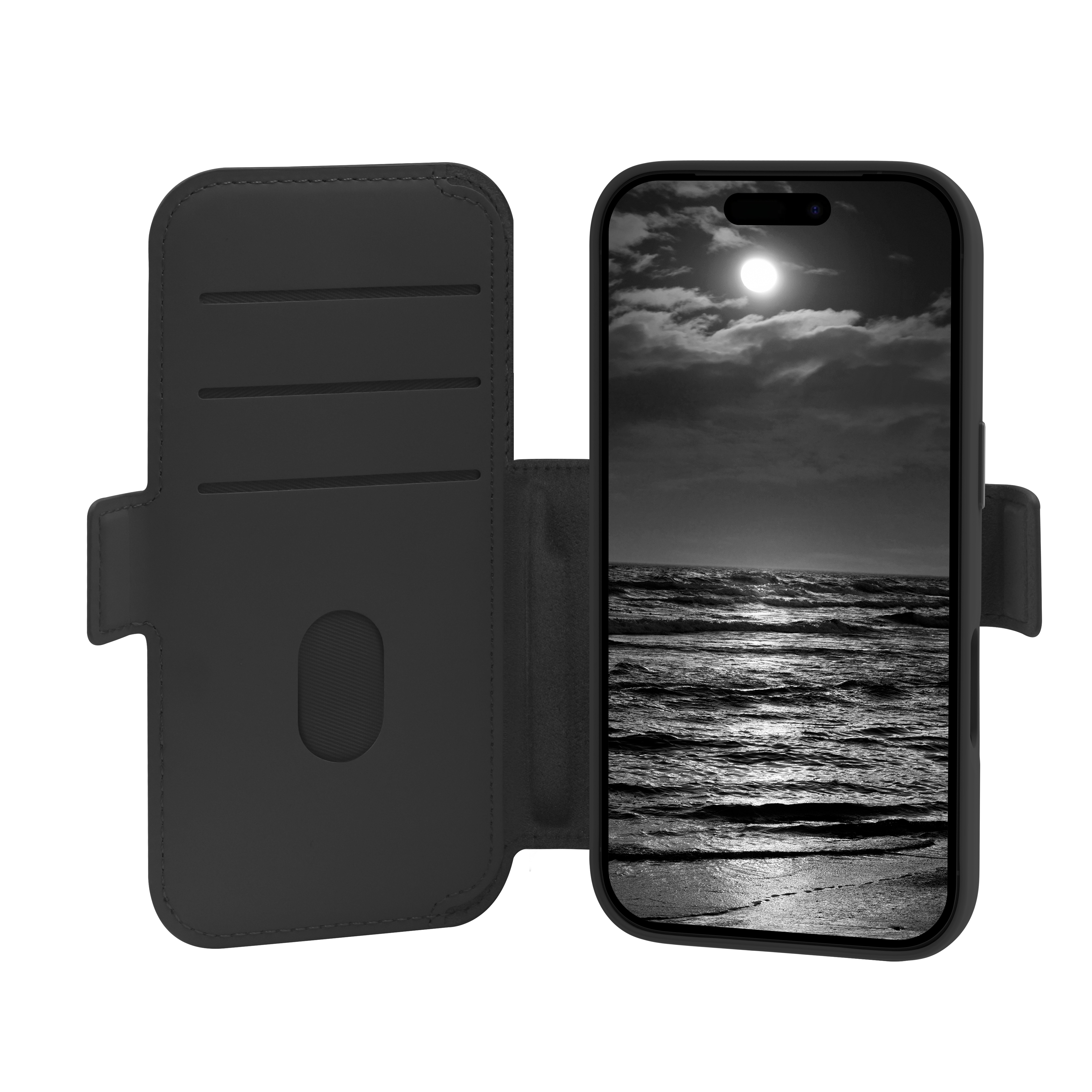 Custodia nera aperta, mostra telefono con scena spiaggia in scala di grigi con riflesso lunare sull'acqua.