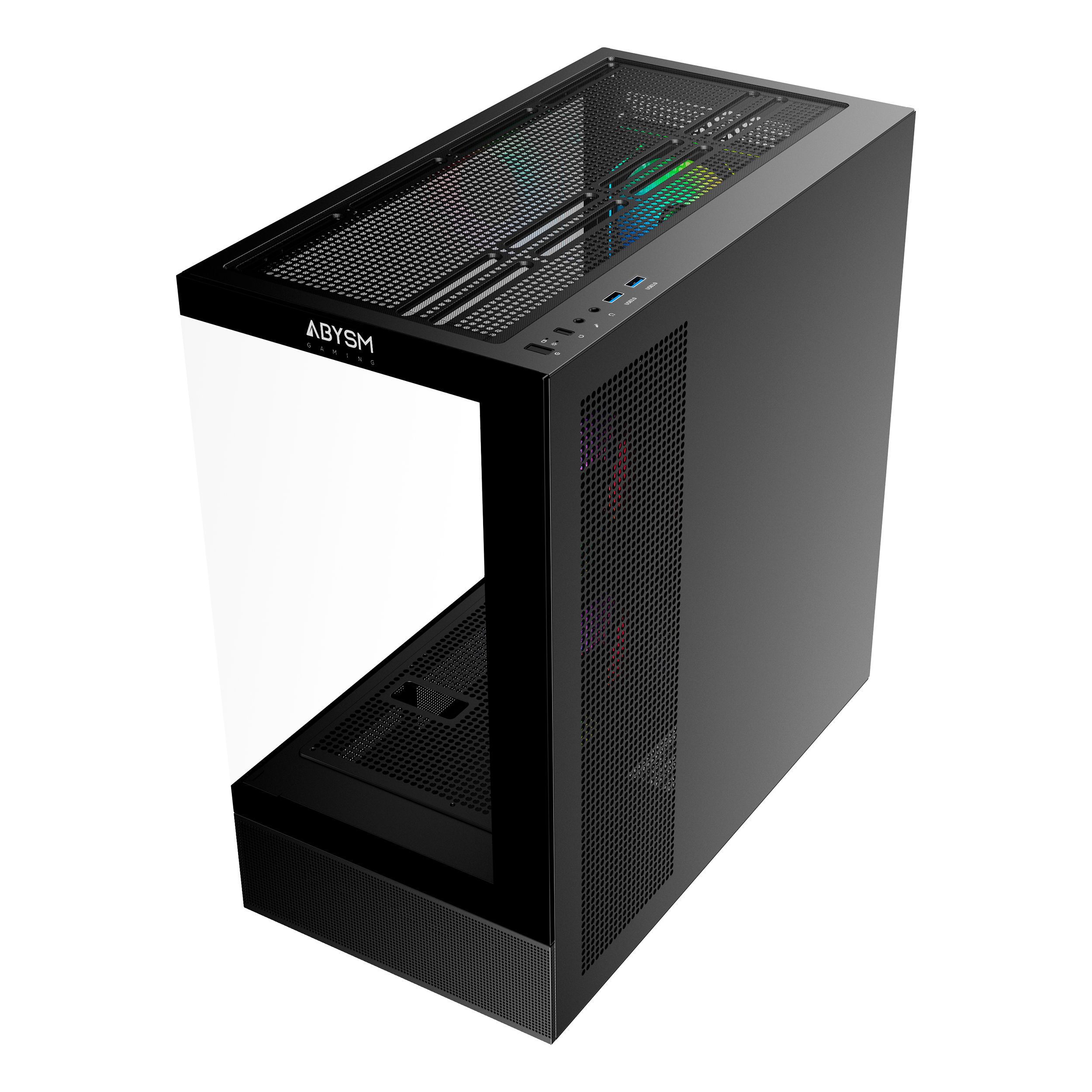 Carcasa de ordenador negra con panel lateral de cristal. Los paneles superior e inferior tienen un diseño de malla. Delante, la palabra ABYSM.