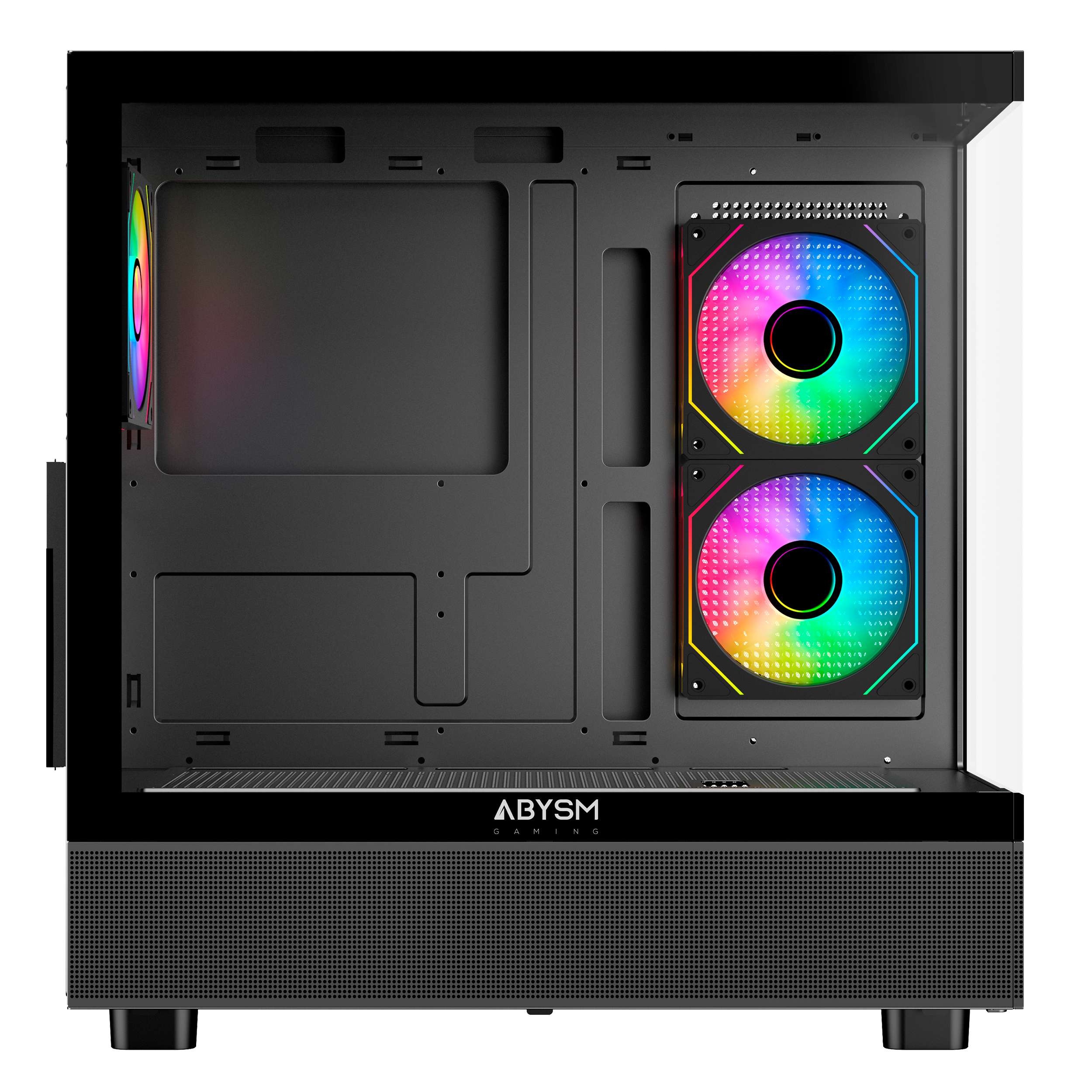 Caja de ordenador negra con panel lateral de cristal. Dos ventiladores con luces arcoíris. Logo ABYSM GAMING visible.