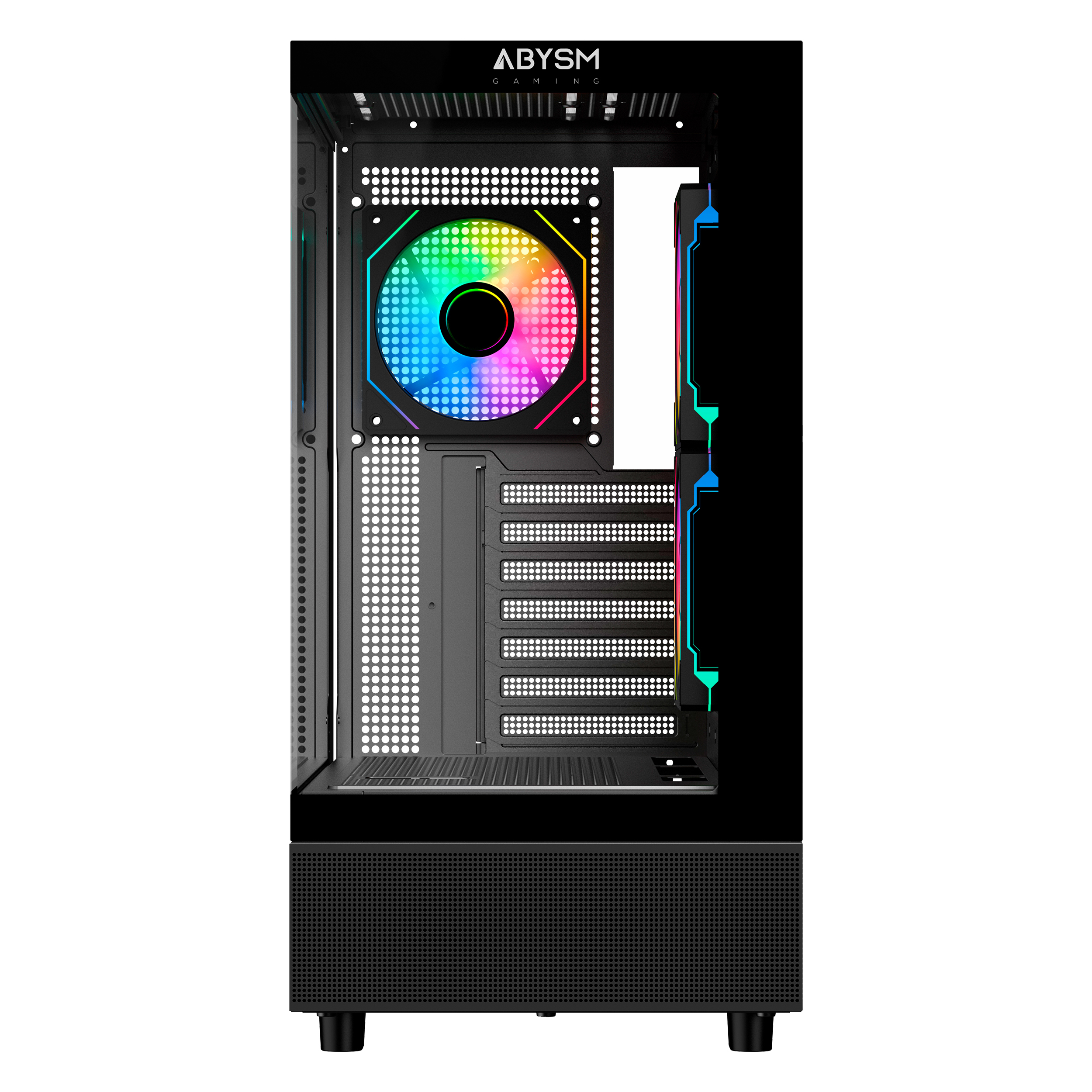 Una caja de ordenador con ventilador arcoíris, frontal negro y panel lateral de cristal.