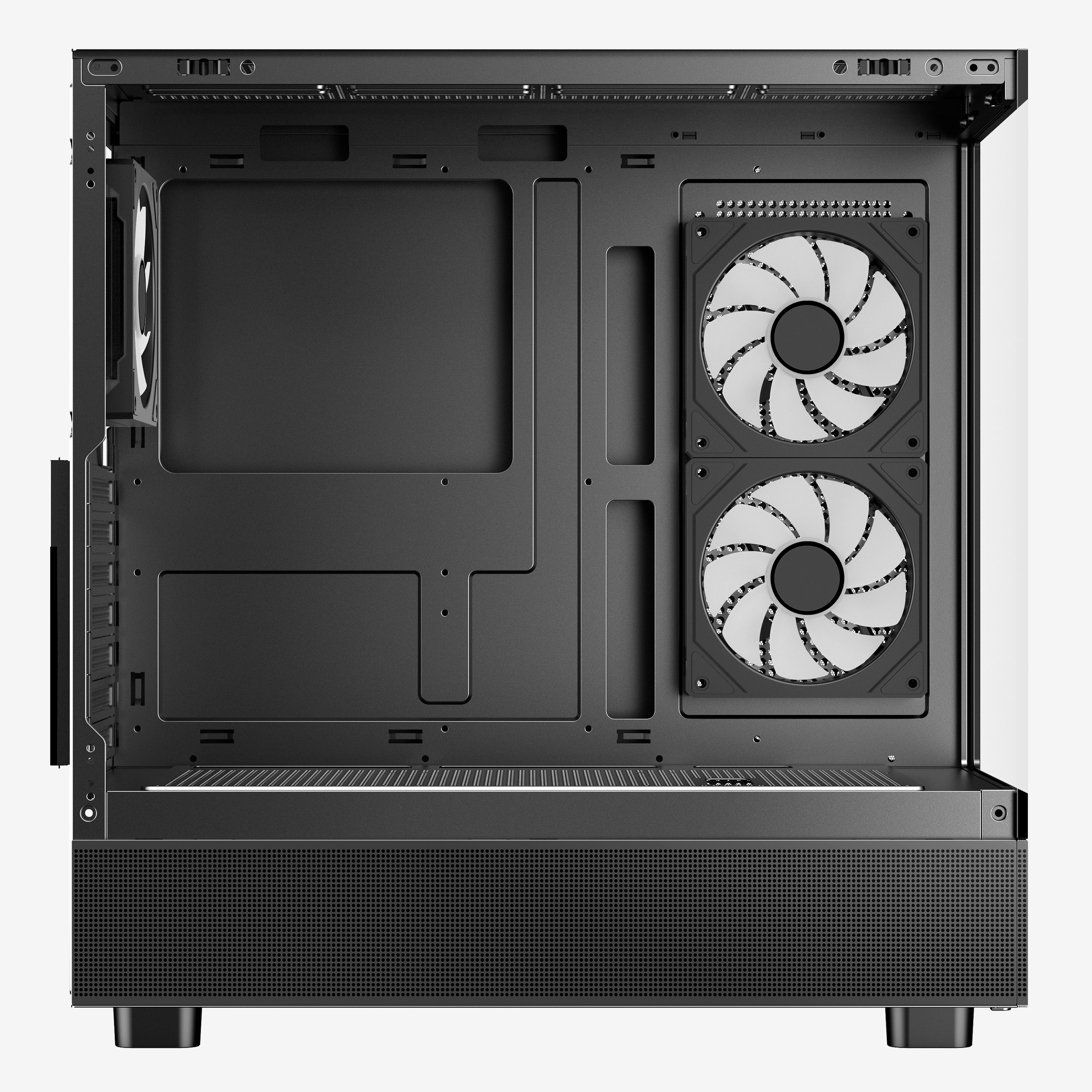 Interior negro de la caja de la computadora con dos ventiladores visibles. La caja tiene múltiples compartimentos y un frente perforado.