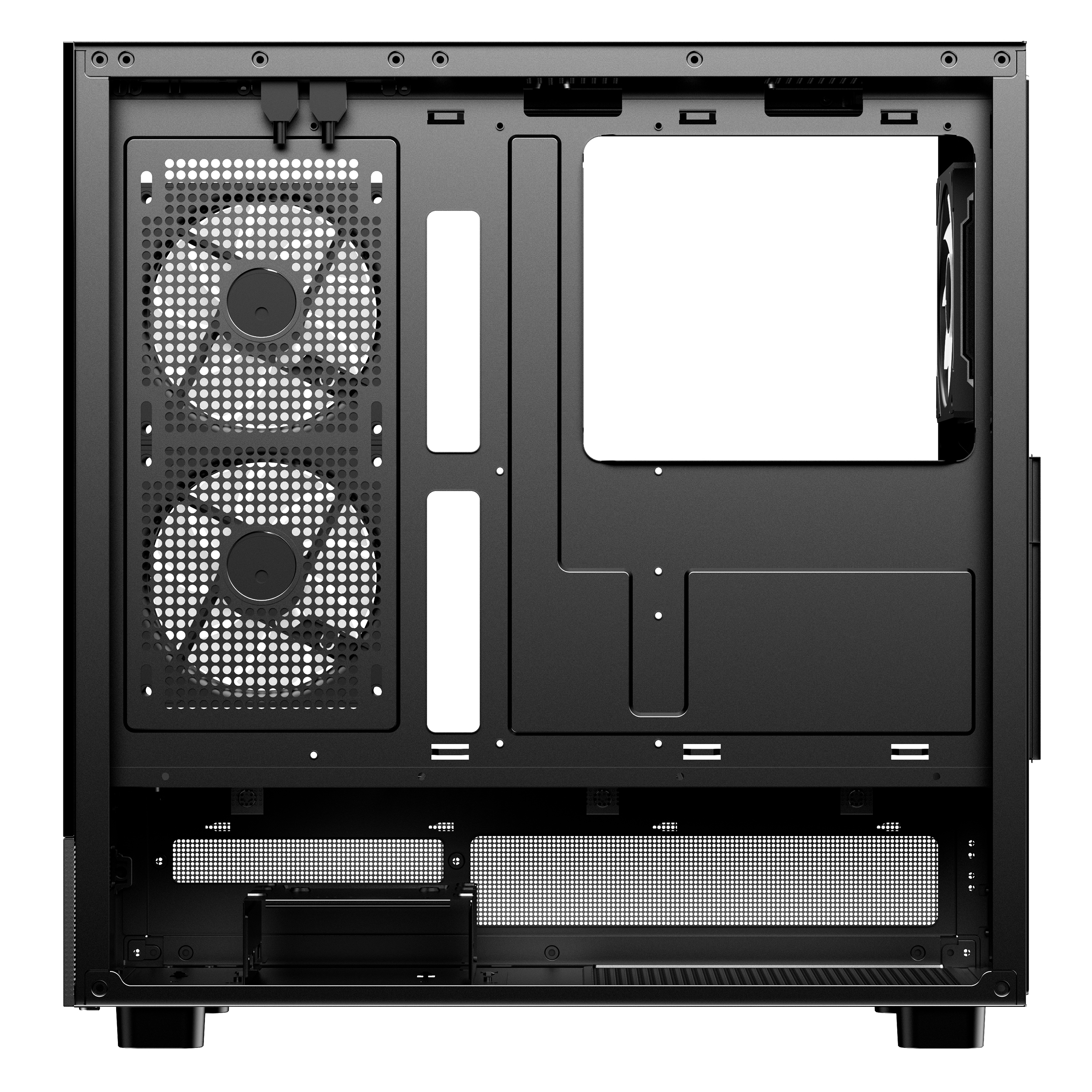 Interior negro de caja de ordenador con soportes para ventiladores, rejillas y espacios para componentes. Espacio blanco a la derecha.