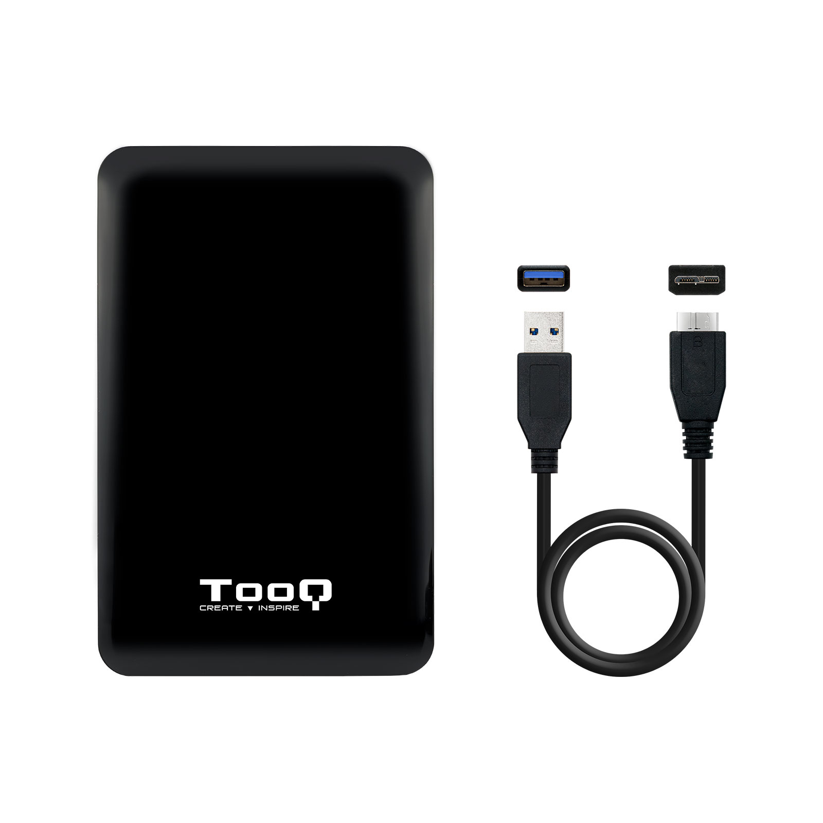 Disco duro externo negro con dos cables USB. Fondo blanco. La marca es TooQ.