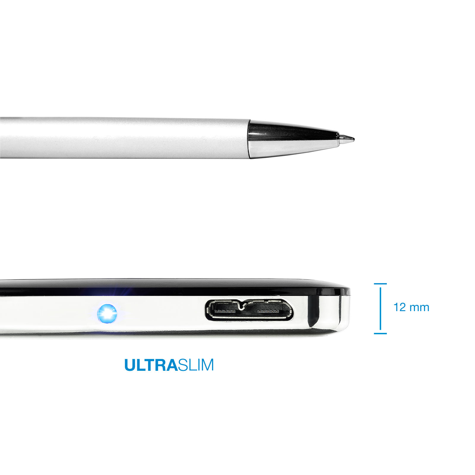 Un lápiz plateado y un dispositivo negro con puerto USB. Una luz azul está encendida. La palabra ULTRSLIM está escrita.