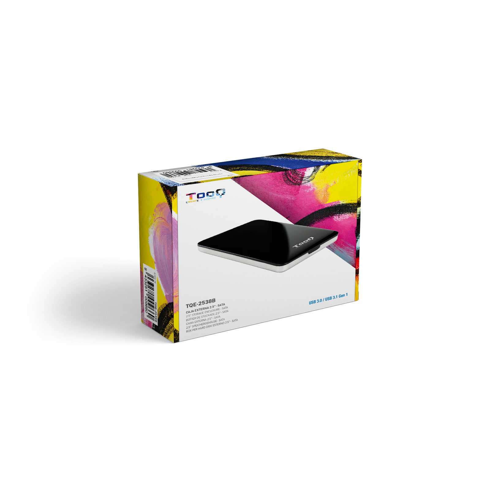 Una caja de producto para un disco duro externo. Tiene un diseño colorido con el logotipo de la marca y especificaciones del producto.