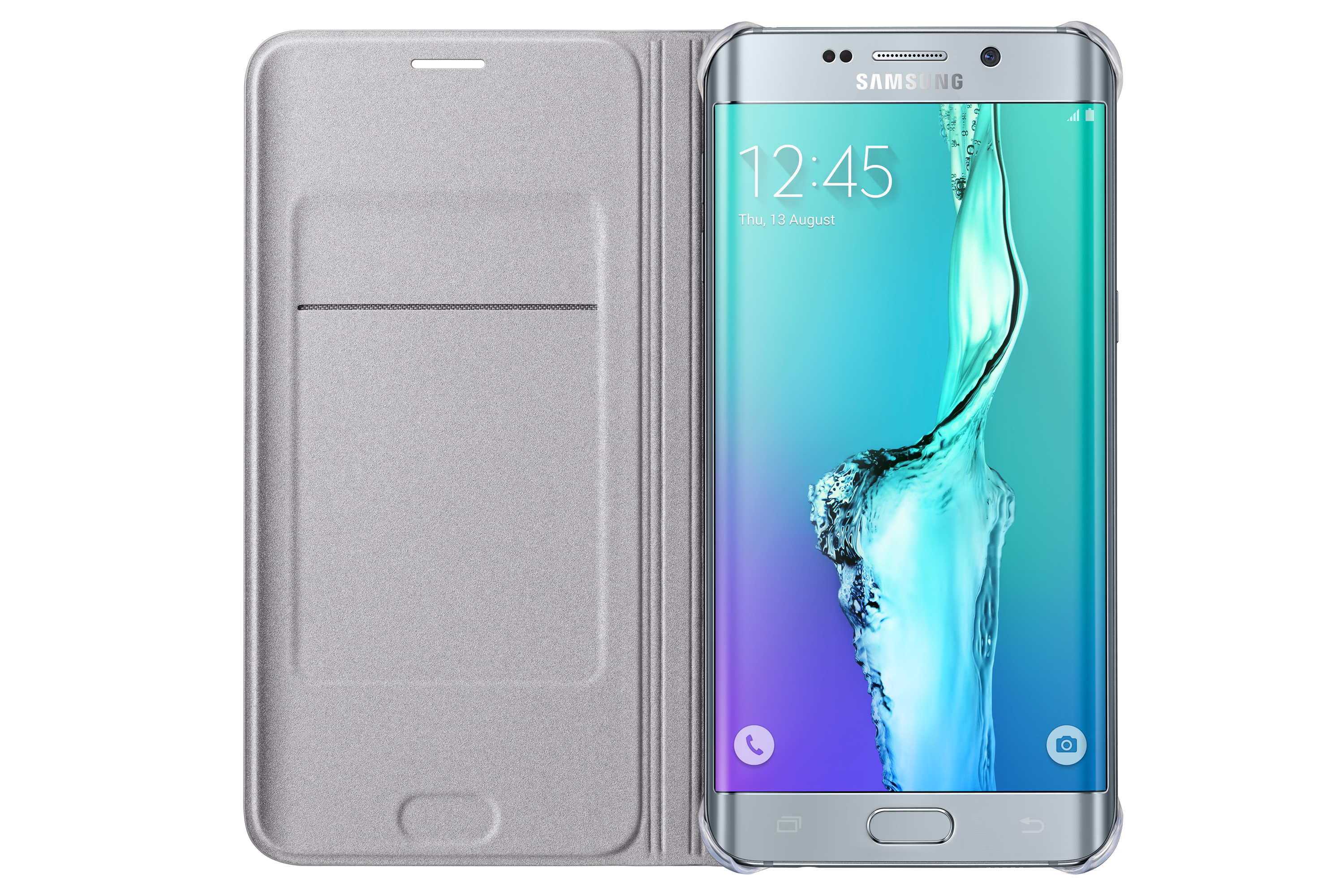 Ein silbernes Telefon mit Hülle ist geöffnet und zeigt den Bildschirm mit Uhrzeit und Datum.