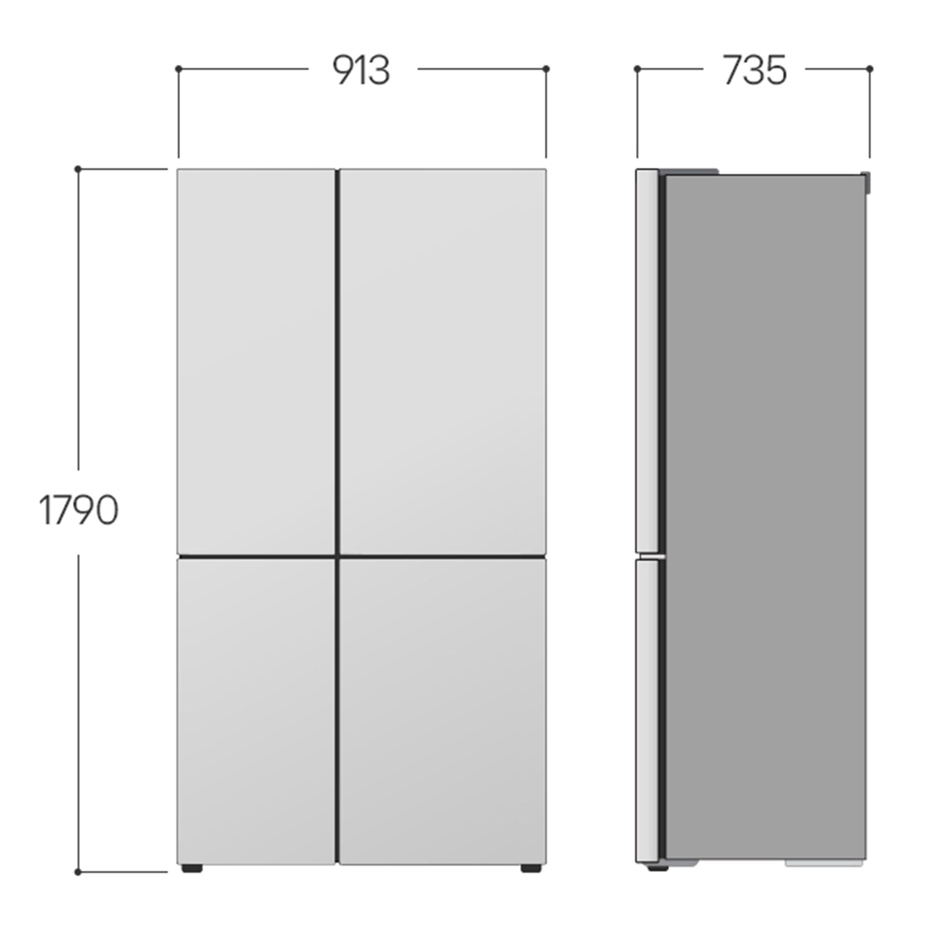 Diagramma di un frigorifero, che mostra viste frontali e laterali con dimensioni: 1790x913x735mm, su sfondo bianco.