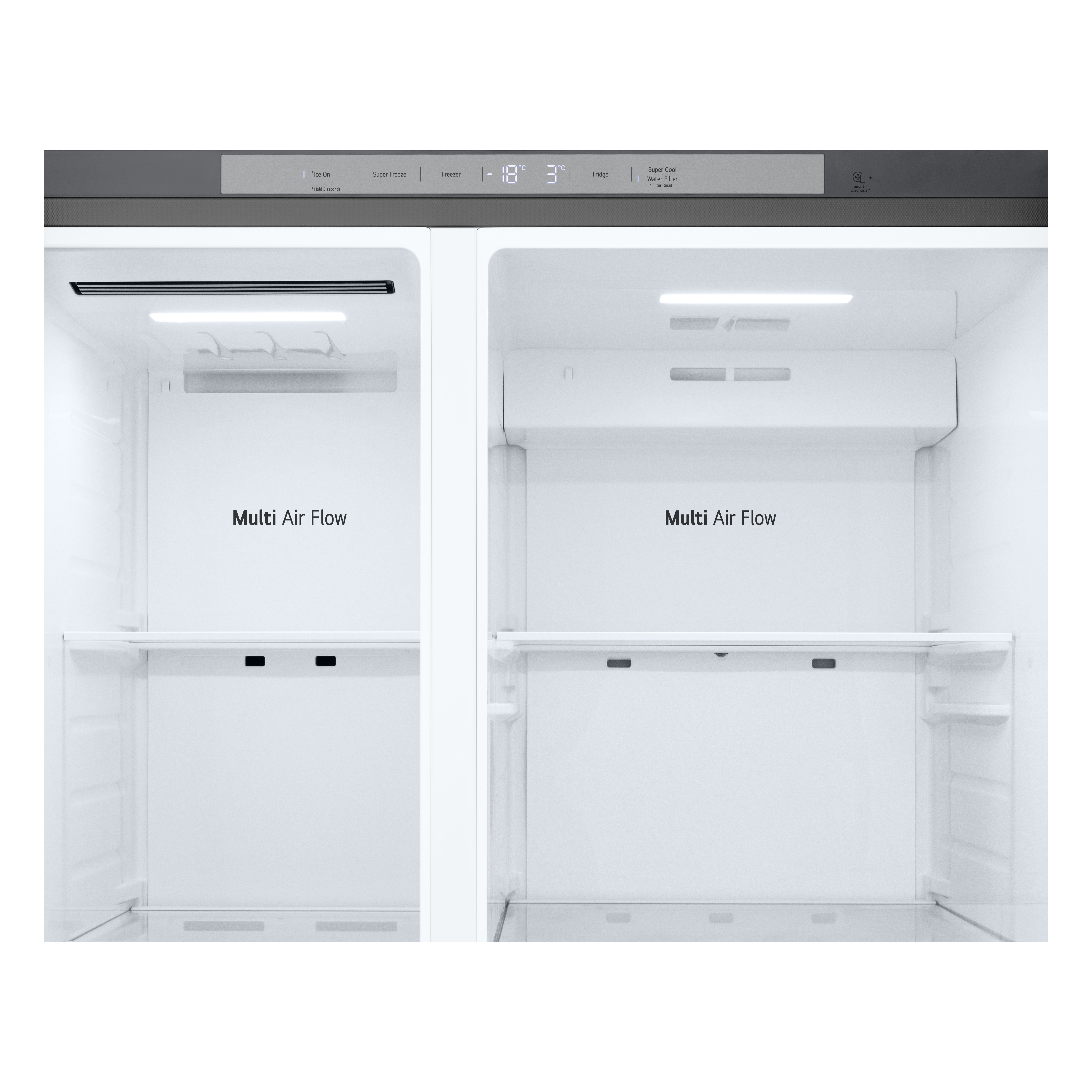 Interno frigorifero bianco con ripiani e testo Multi Air Flow. La parte superiore mostra temperatura e opzioni di controllo.