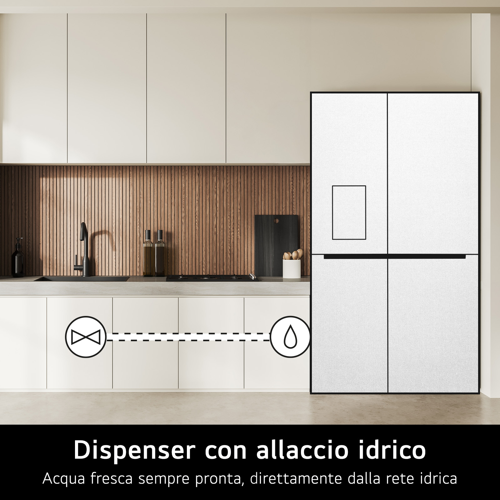 Una cucina moderna con frigorifero e mobili bianchi. Lo sfondo ha pannelli in legno. Icone sul bancone.