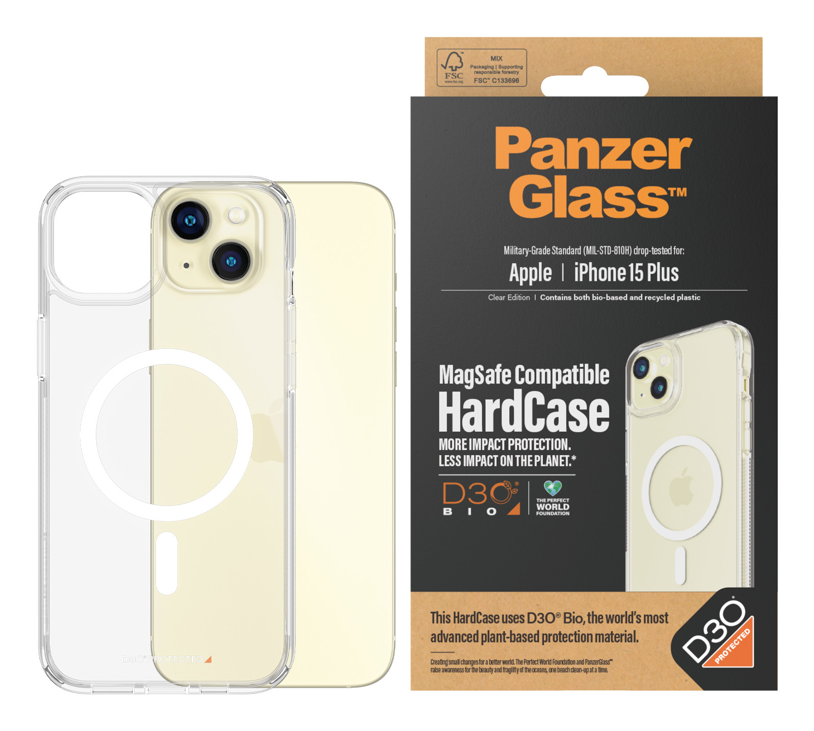 Transparente Handyhülle und iPhone 15 Plus Box. Auf der Box steht PanzerGlass. Die Hülle hat einen weißen Kreis. Die Hülle ist gelb.