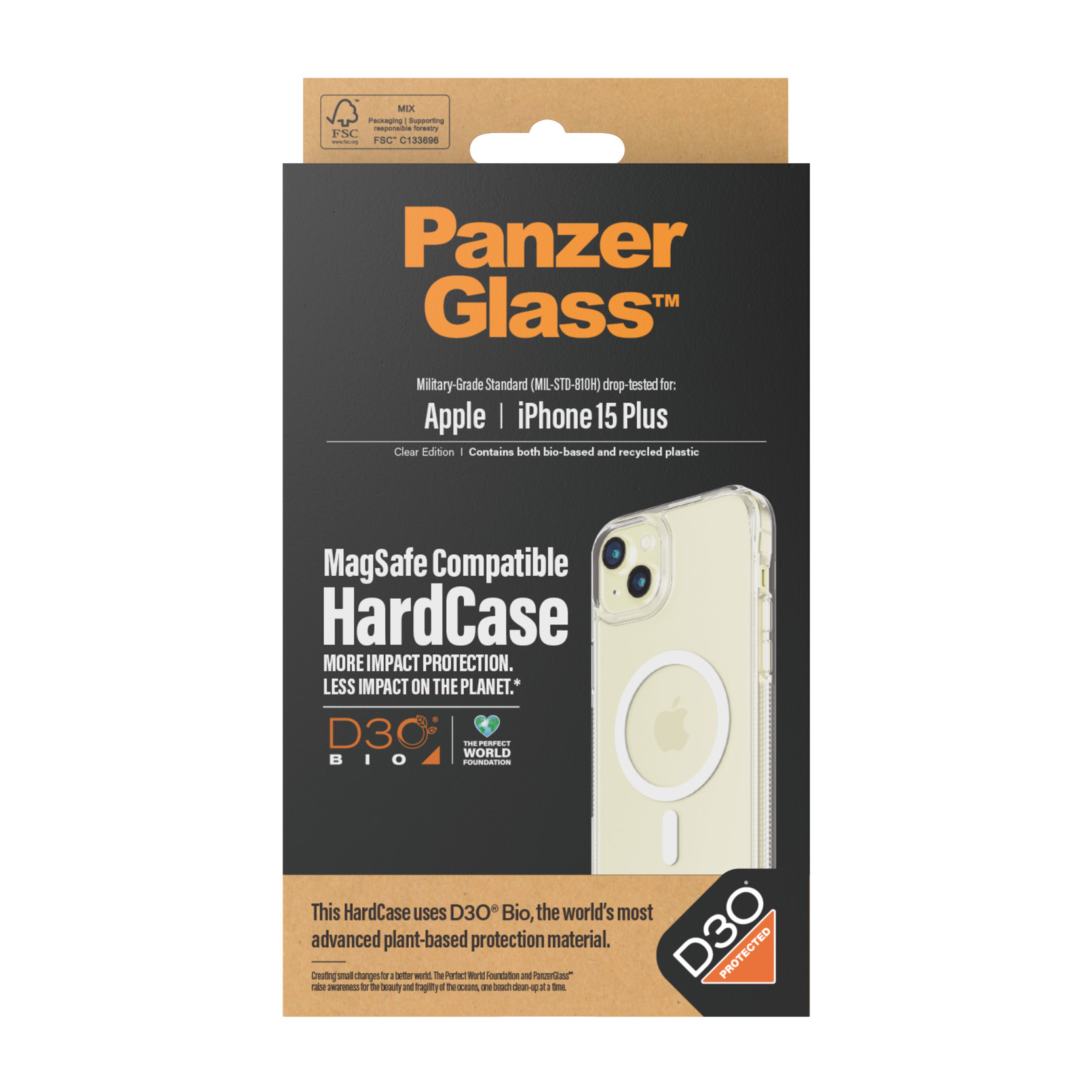 Eine PanzerGlass iPhone 15 Plus Hüllenbox. Sie zeigt eine transparente Hülle mit weißem MagSafe-Ring und Apple-Logo.