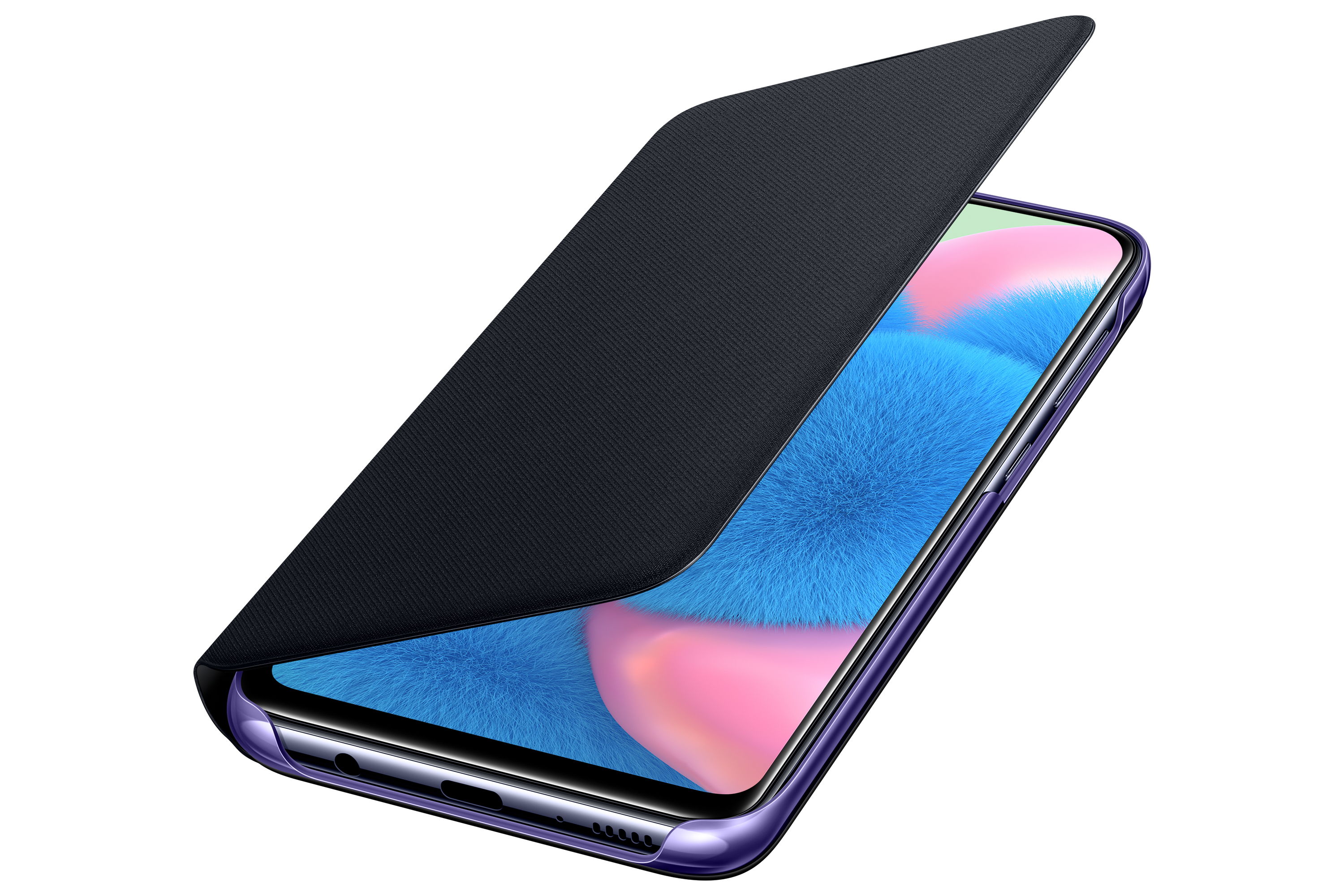 Uno smartphone in una custodia viola, parzialmente coperto da una cover a ribalta nera, su sfondo bianco.