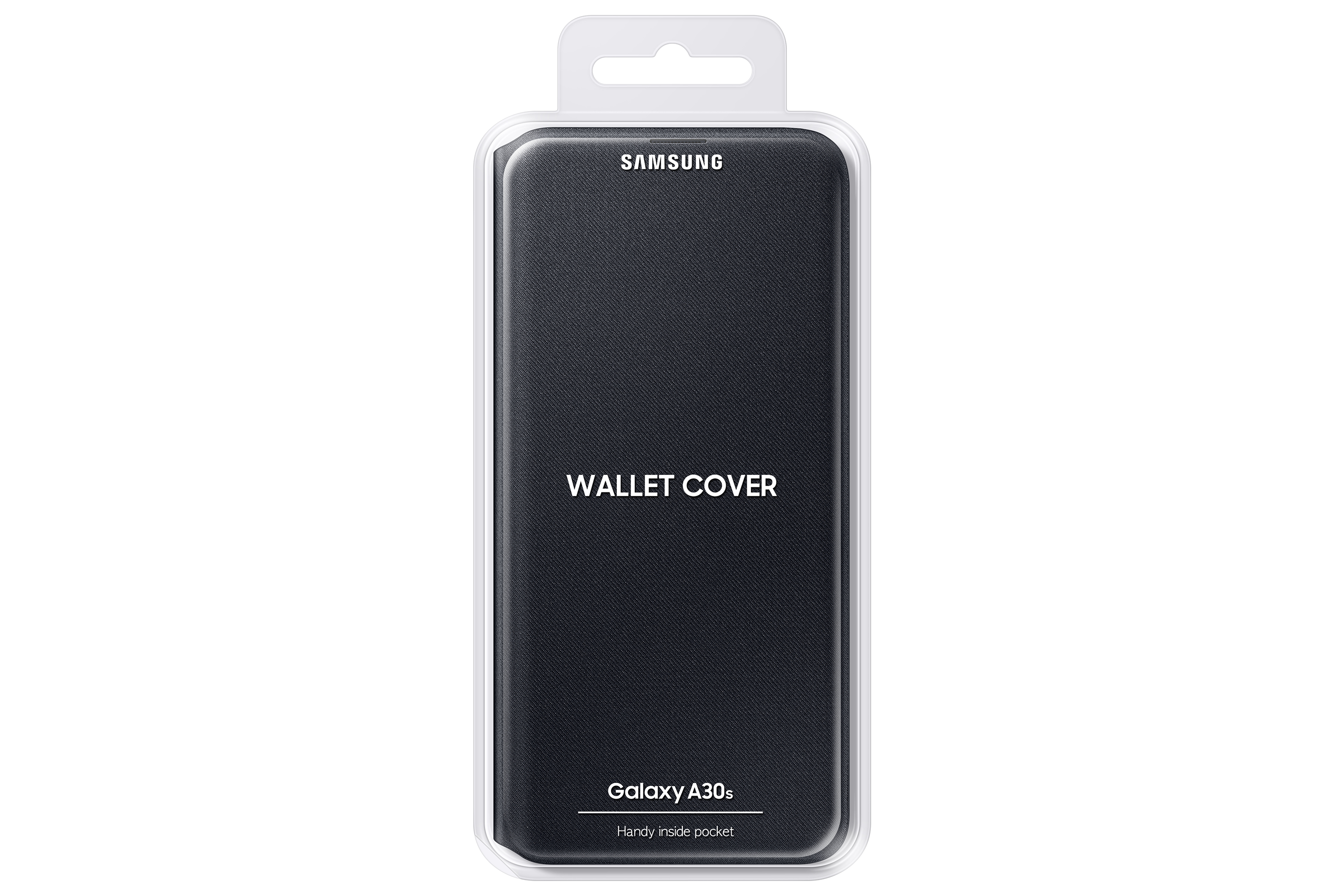 Una cover a portafoglio Samsung Galaxy A30s è in una custodia di plastica trasparente. La cover è nera, con il marchio in alto.