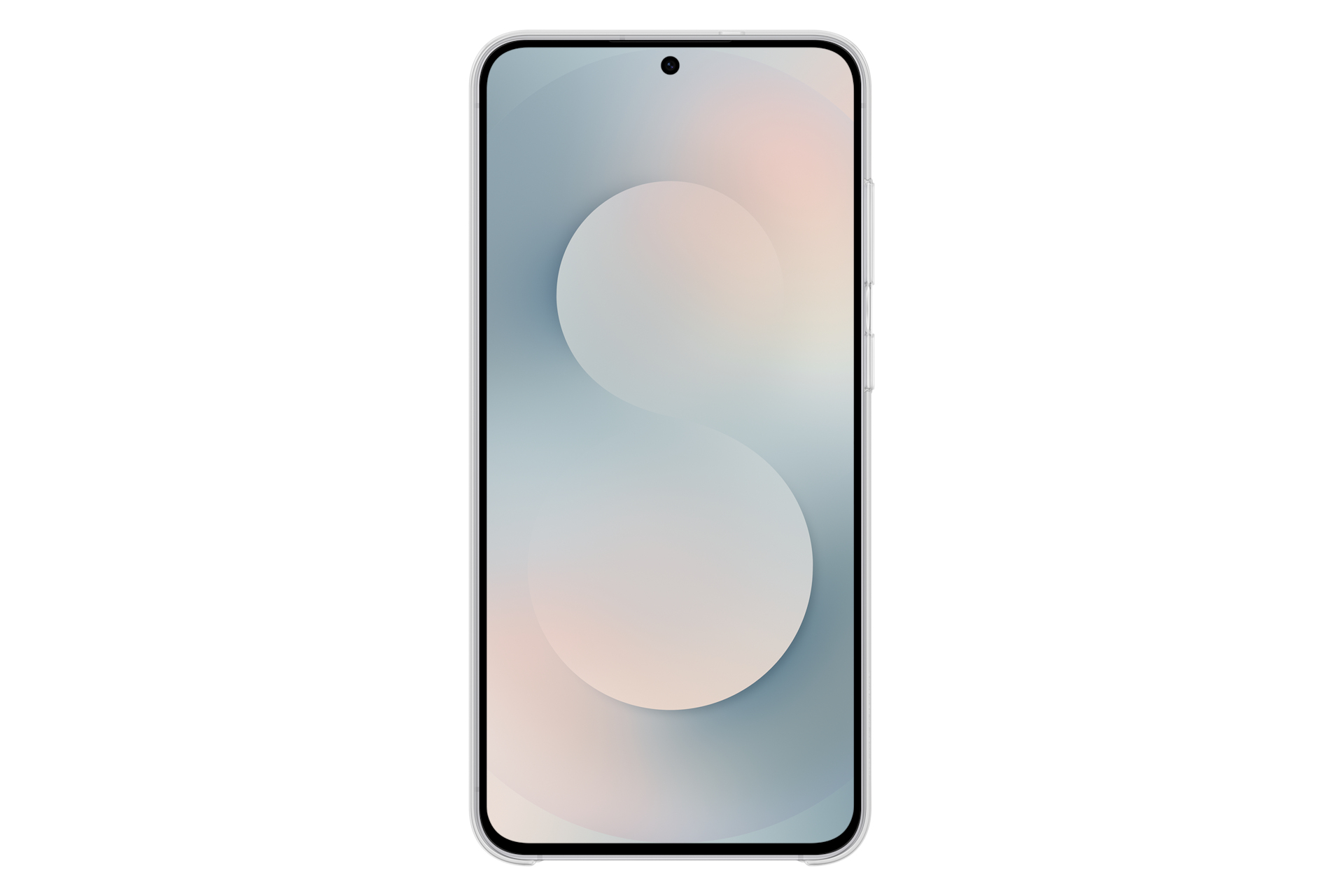 Ein Smartphone mit einem Gradientenhintergrund aus Blau, Weiß und Rosa. Es hat eine Lochkamera und befindet sich vor einem weißen Hintergrund.
