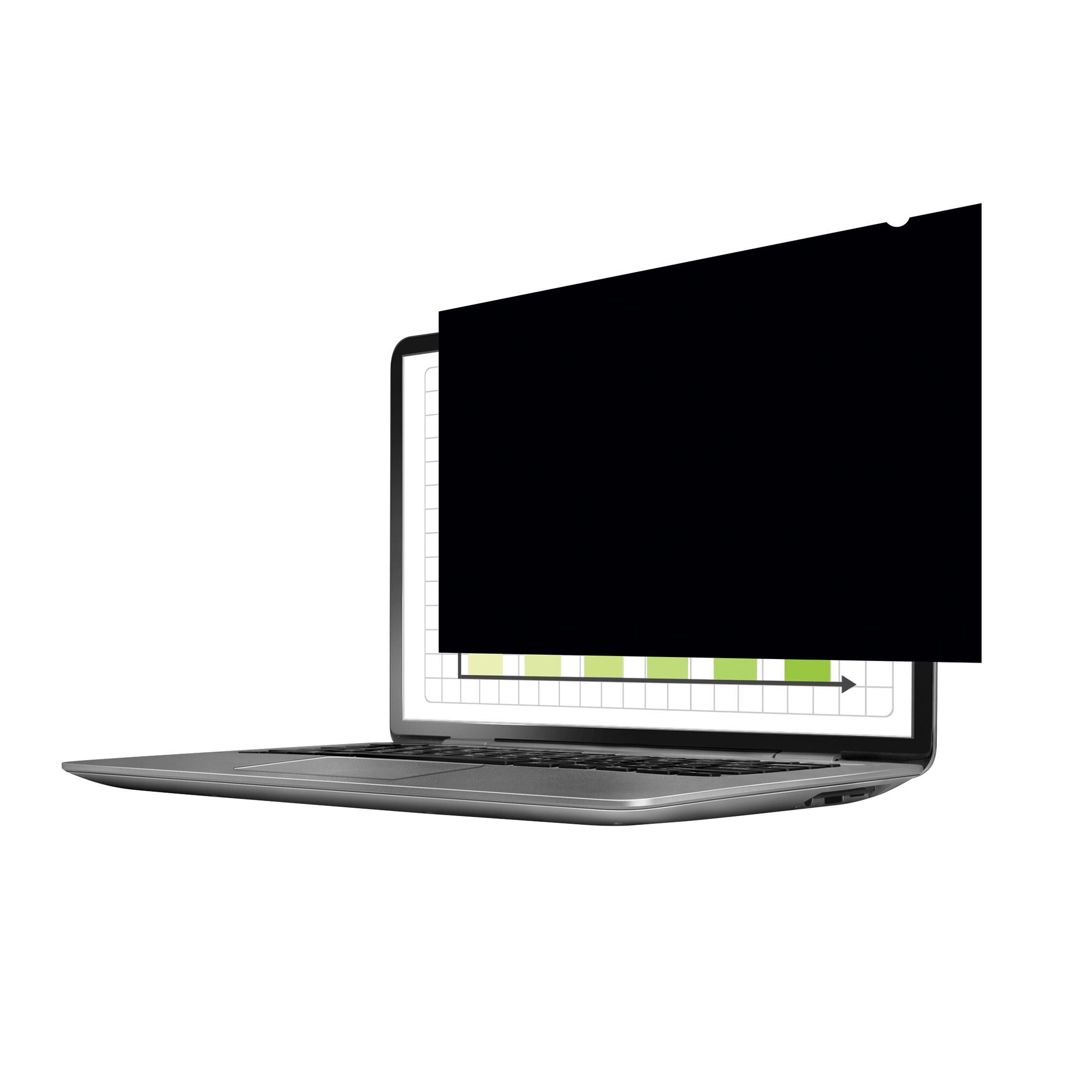 Ein Laptop mit schwarzem Bildschirm, der teilweise ein Diagramm verdeckt. Das Diagramm hat grüne Balken und einen schwarzen Pfeil. Der Laptop ist silberfarben.