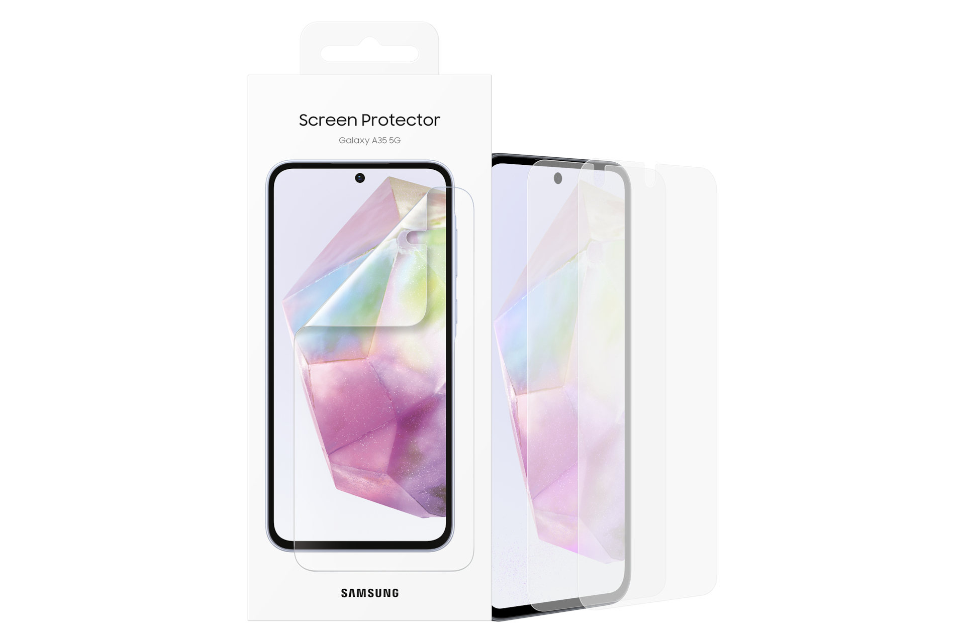 Pudełko z ochroną ekranu do Samsung Galaxy A35 5G. Pokazuje ochronę na telefonie i opakowanie.