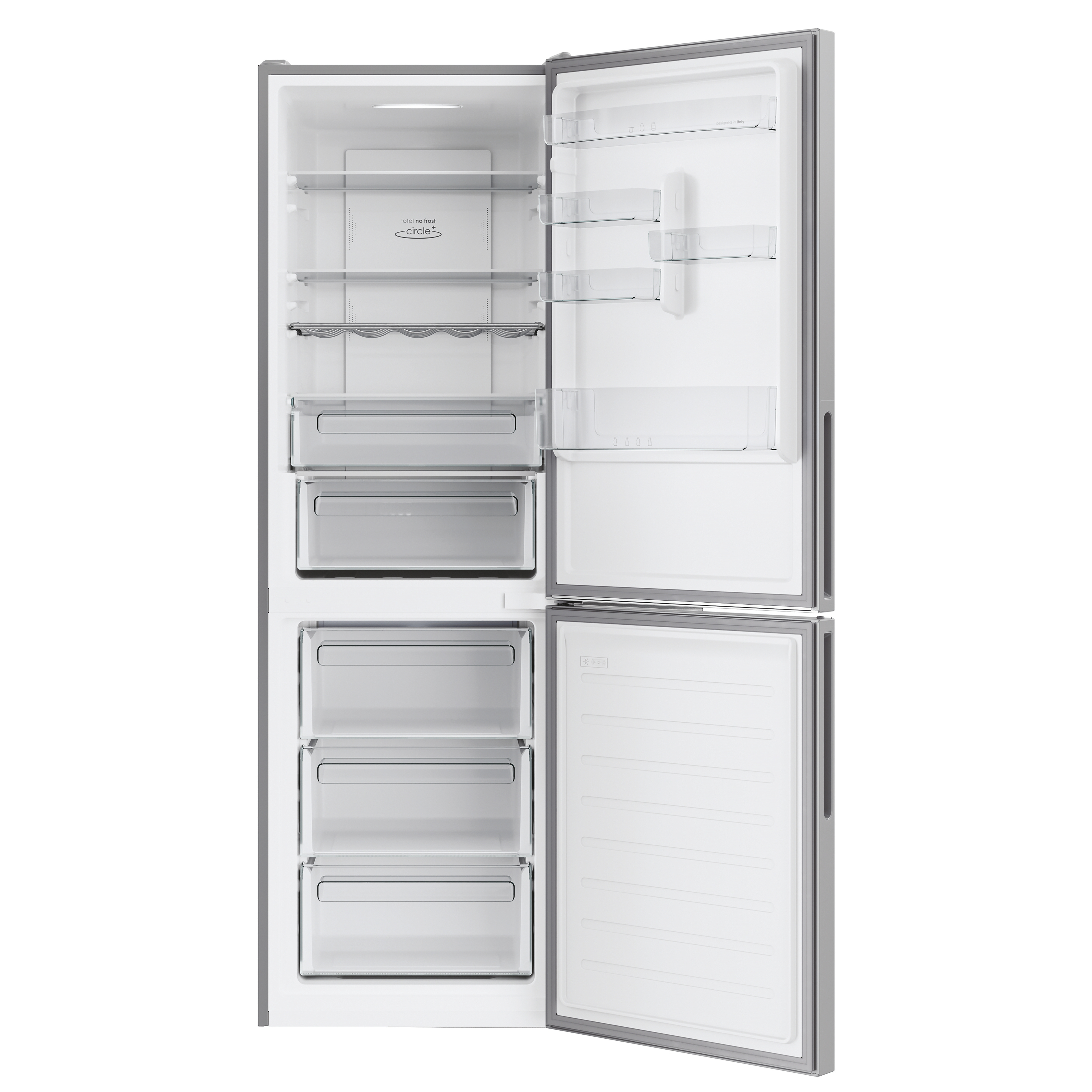 Otwarta lodówka z wewnętrznymi półkami, szufladami i przegródkami. Drzwi zamrażarki również są otwarte.