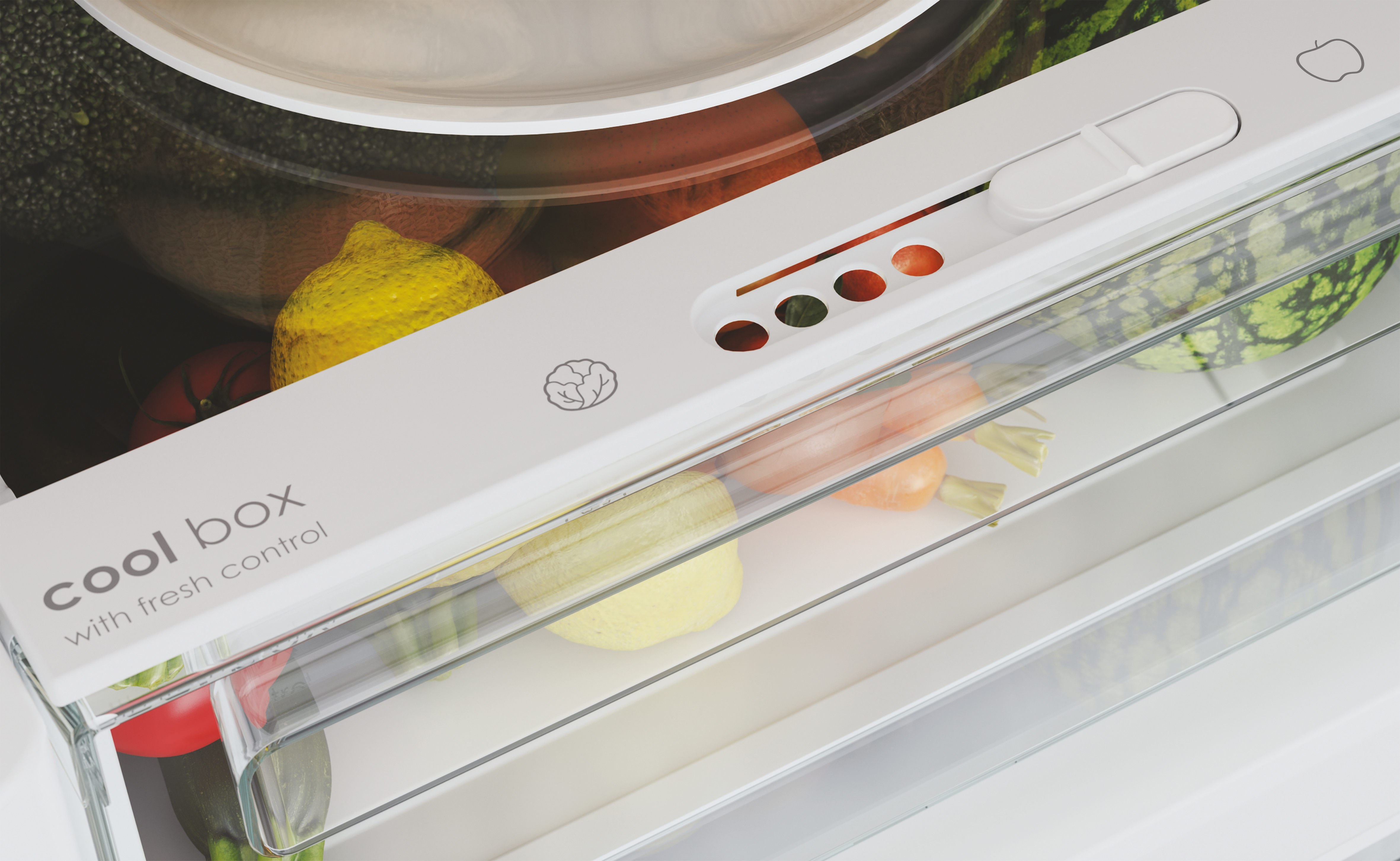 Wnętrze lodówki z warzywami i owocami. Marchewki, cytryny, arbuz. Panel sterowania, ze świeżą kontrolą.