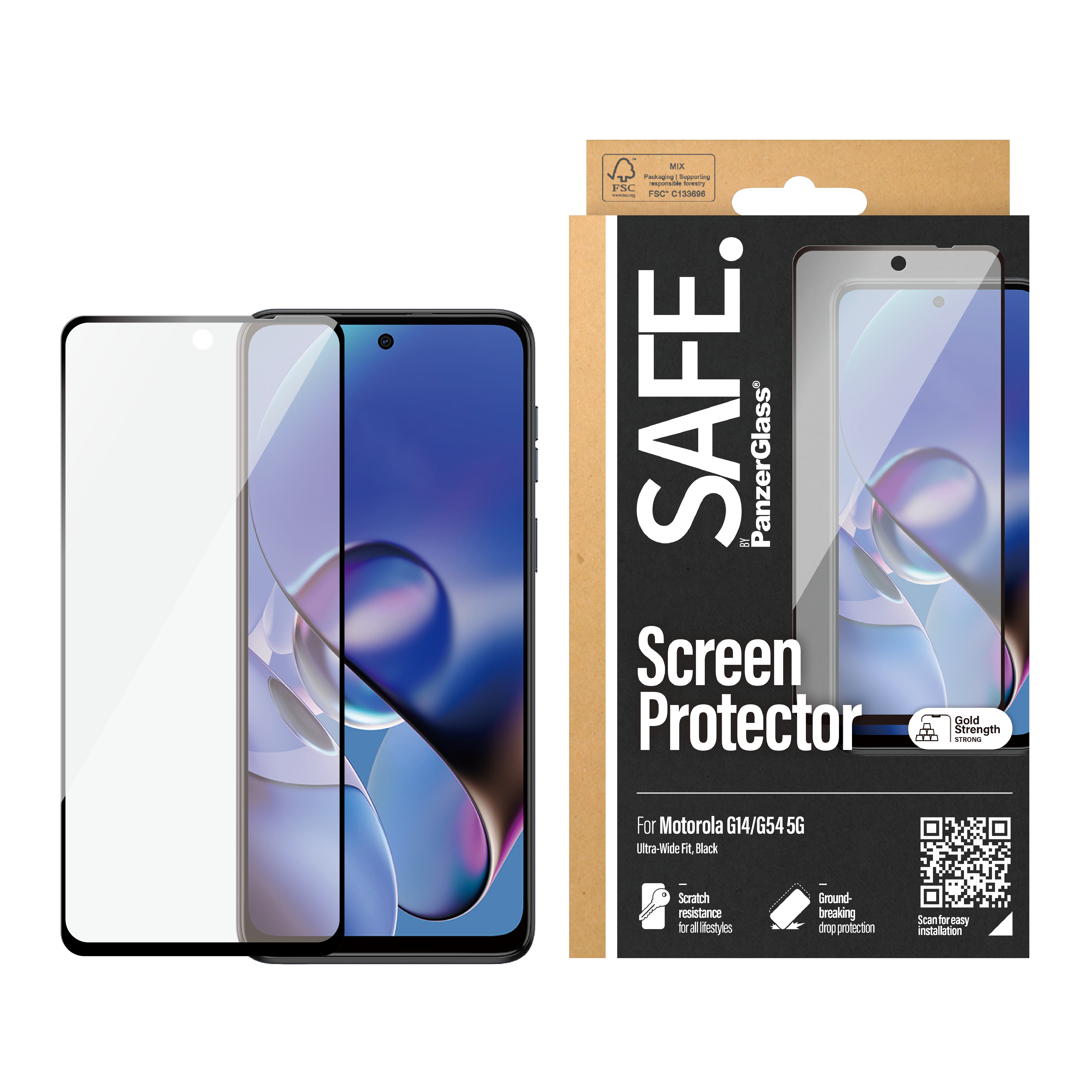 Pudełko z ochraniaczem ekranu telefonu. Pokazano telefon i ochraniacz. Tekst: 'SAFE. Screen Protector' i 'For Motorola G14/G54 5G'.