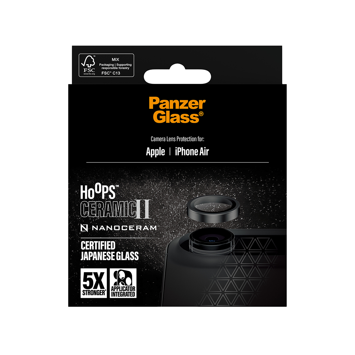 A product box of Panzer Glass for iPhone Air. It has a black background with product details and a close-up of the lens protector.